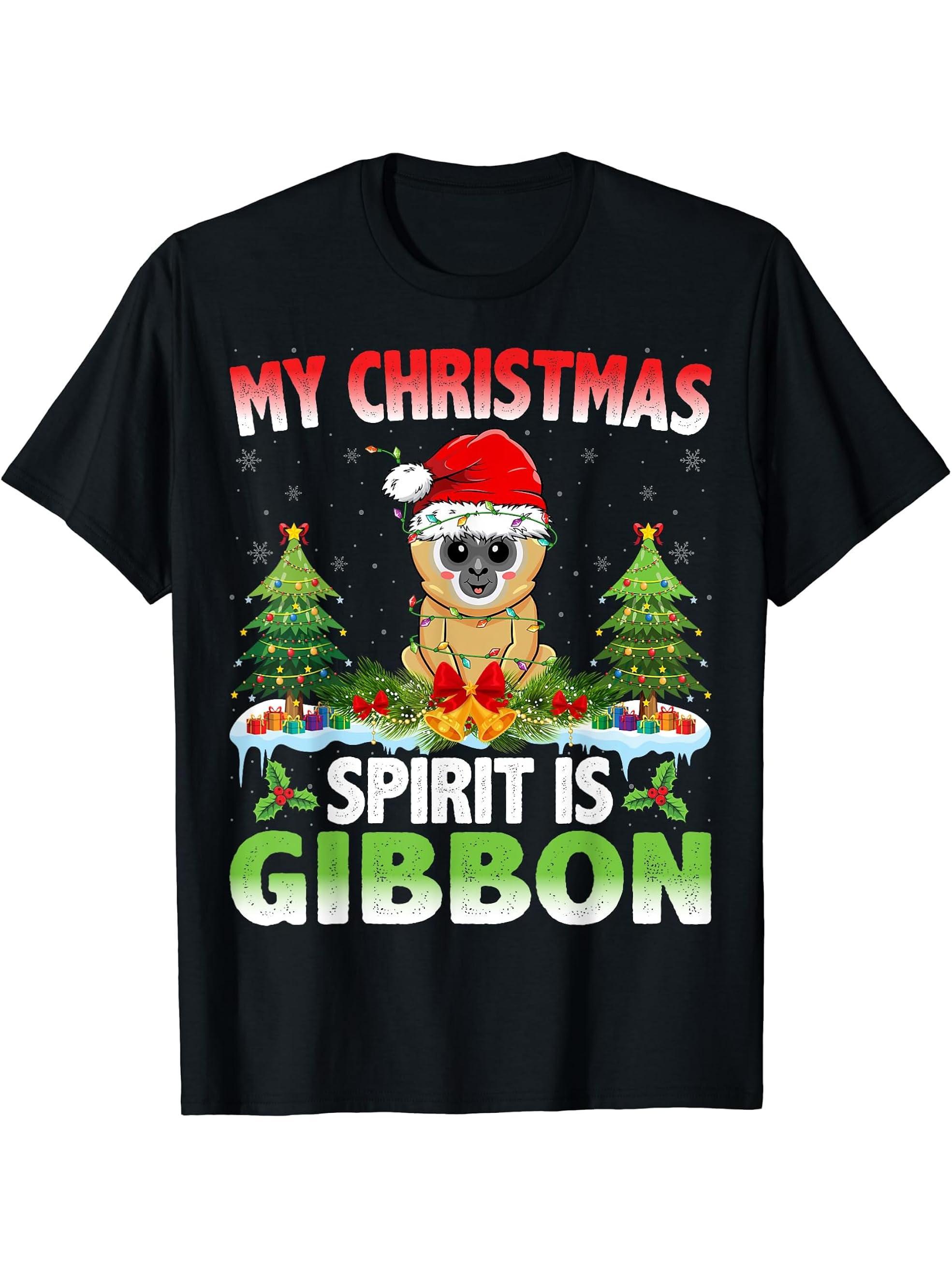 Gibbon Wearing Santa Hat - My Christmas Spirit Is Gibbon T-Shirt 180G 100% Cotton Printed Round Neck Short-Sleeve T-Shirt, Gifts for Men Dad Husband Grandpa, S-XXXL, Black