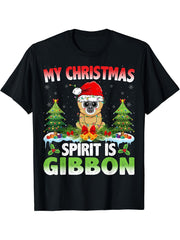 Gibbon Wearing Santa Hat - My Christmas Spirit Is Gibbon T-Shirt 180G 100% Cotton Printed Round Neck Short-Sleeve T-Shirt, Gifts for Men Dad Husband Grandpa, S-XXXL, Black