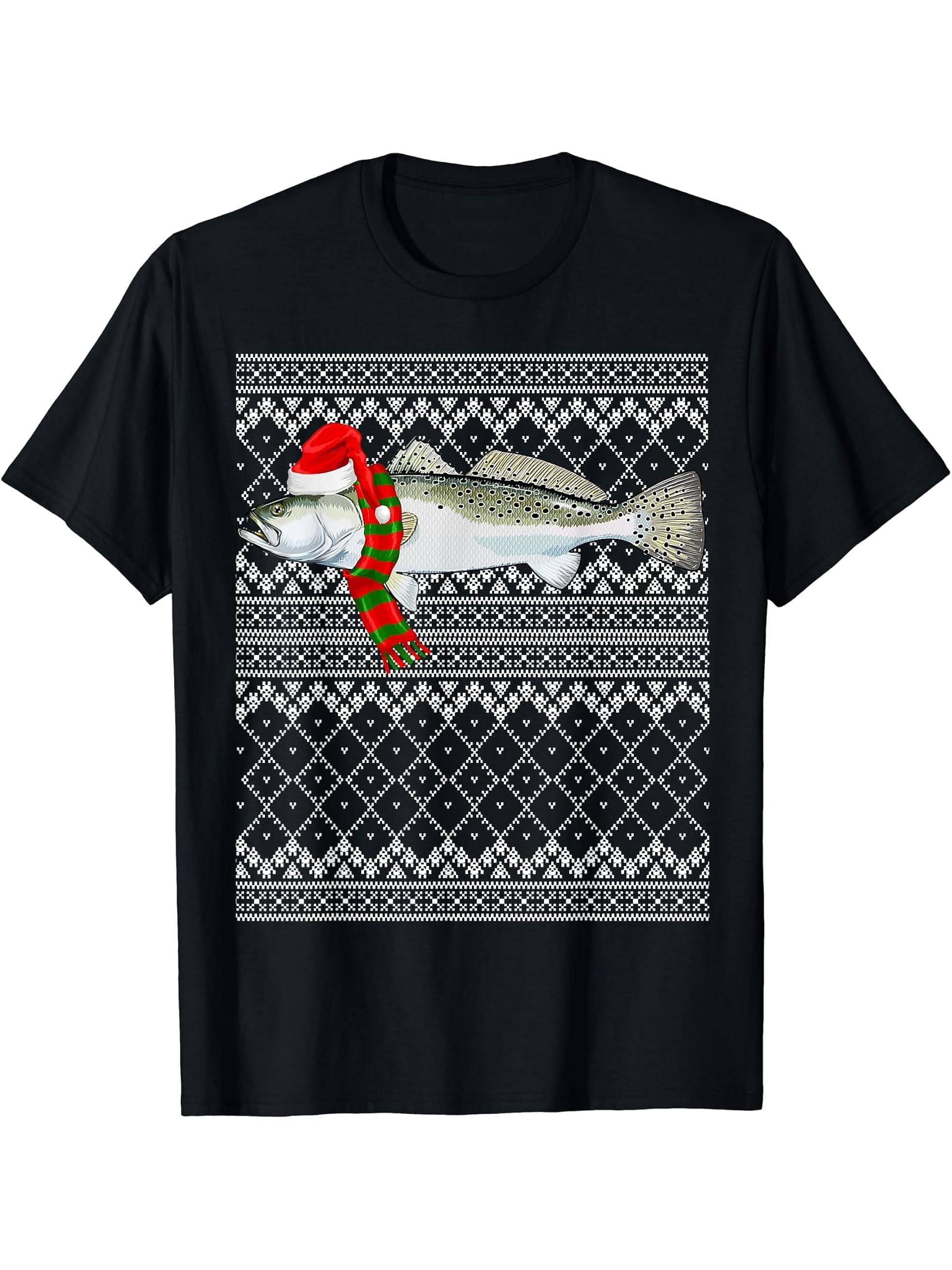 Xmas Fish Santa Hat Speckled Trout Ugly Christmas T-Shirt 180G 100% Cotton Printed Round Neck Short-Sleeve T-Shirt, Gifts for Men Dad Husband Grandpa, S-XXXL, Black