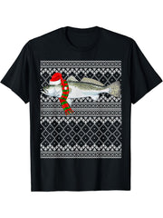 Xmas Fish Santa Hat Speckled Trout Ugly Christmas T-Shirt 180G 100% Cotton Printed Round Neck Short-Sleeve T-Shirt, Gifts for Men Dad Husband Grandpa, S-XXXL, Black