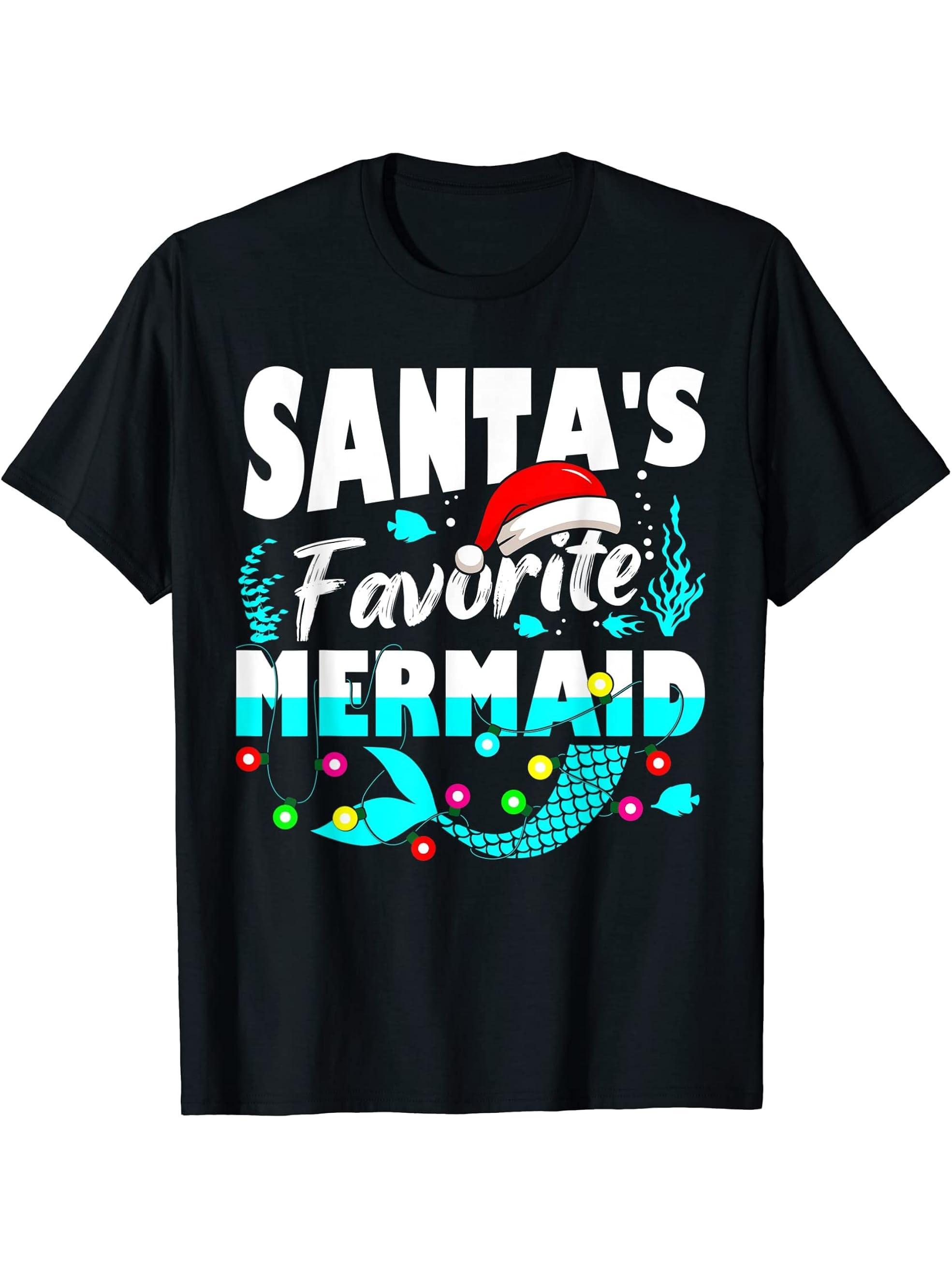Santa's Favorite Mermaid Lover Christmas Xmas Funny T-Shirt 180G 100% Cotton Printed Round Neck Short-Sleeve T-Shirt, Gifts for Men Dad Husband Grandpa, S-XXXL, Black