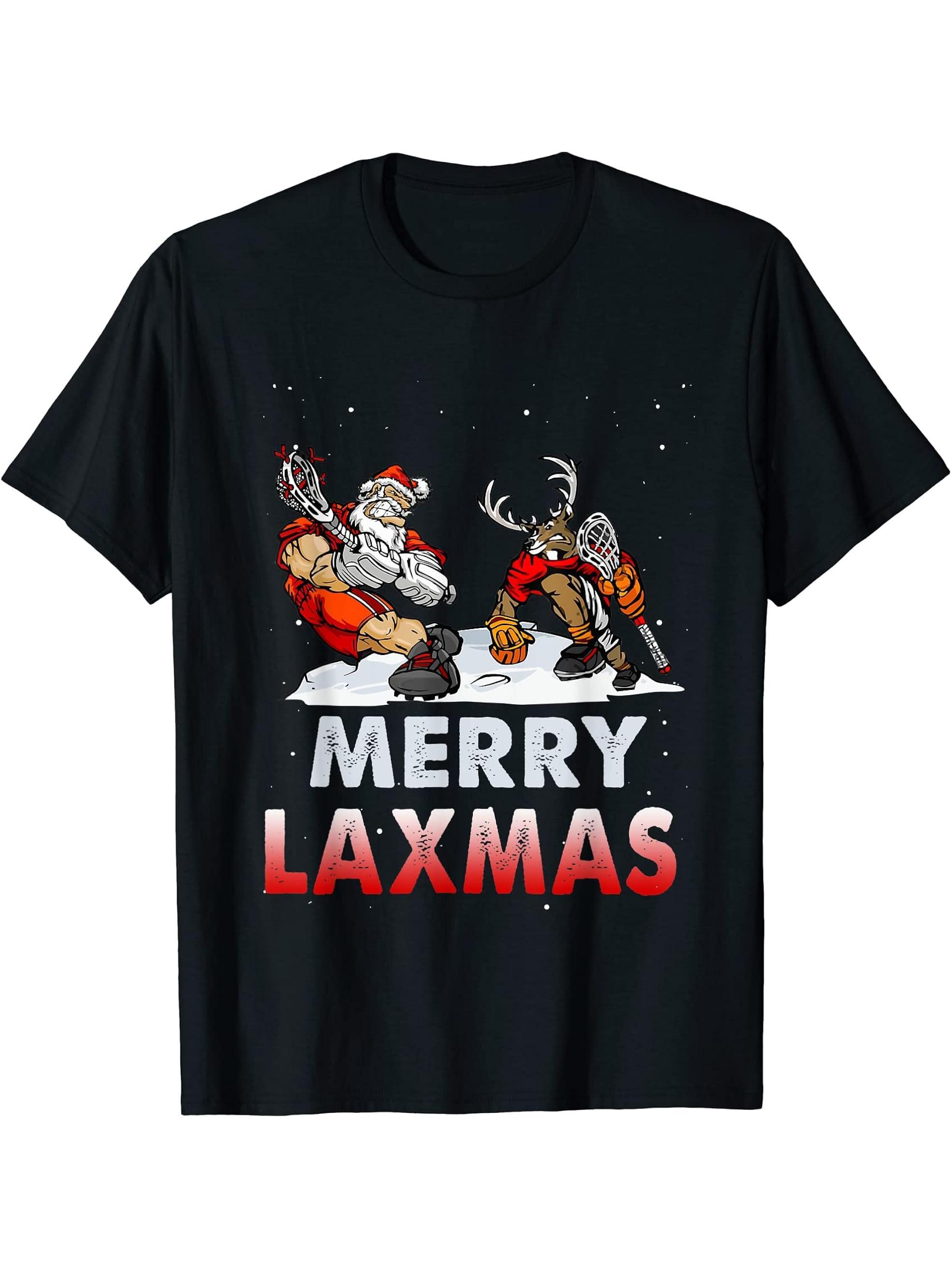 Merry Laxmas-Ugly Christmas Lacrosse Santa Reindeer Sport T-Shirt 180G 100% Cotton Printed Round Neck Short-Sleeve T-Shirt, Gifts for Men Dad Husband Grandpa, S-XXXL, Black