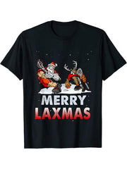 Merry Laxmas-Ugly Christmas Lacrosse Santa Reindeer Sport T-Shirt 180G 100% Cotton Printed Round Neck Short-Sleeve T-Shirt, Gifts for Men Dad Husband Grandpa, S-XXXL, Black
