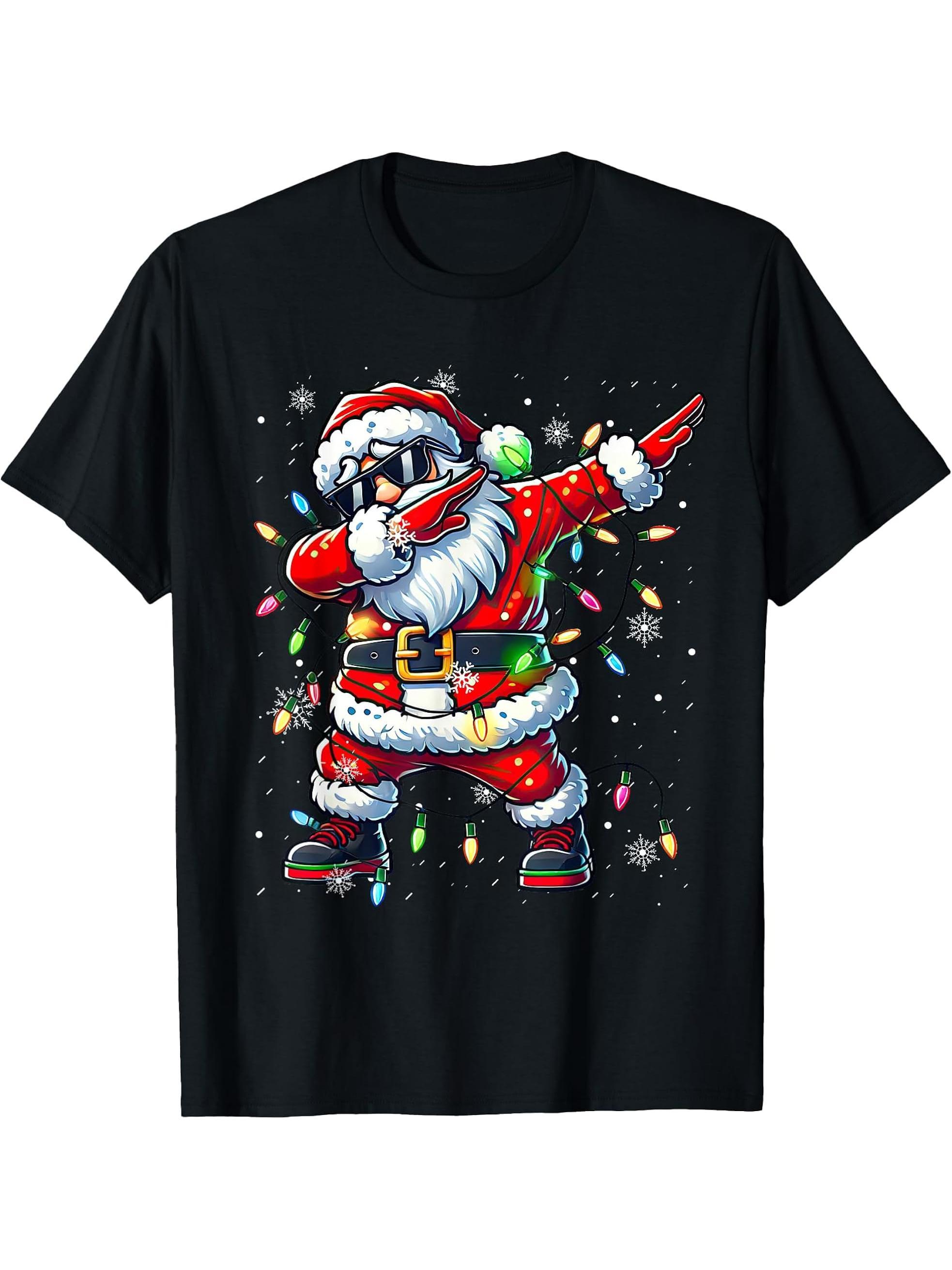 Merry Christmas 2024 Dabbing Santa Christmas Lights Xmas T-Shirt 180G 100% Cotton Printed Round Neck Short-Sleeve T-Shirt, Gifts for Men Dad Husband Grandpa, S-XXXL, Black