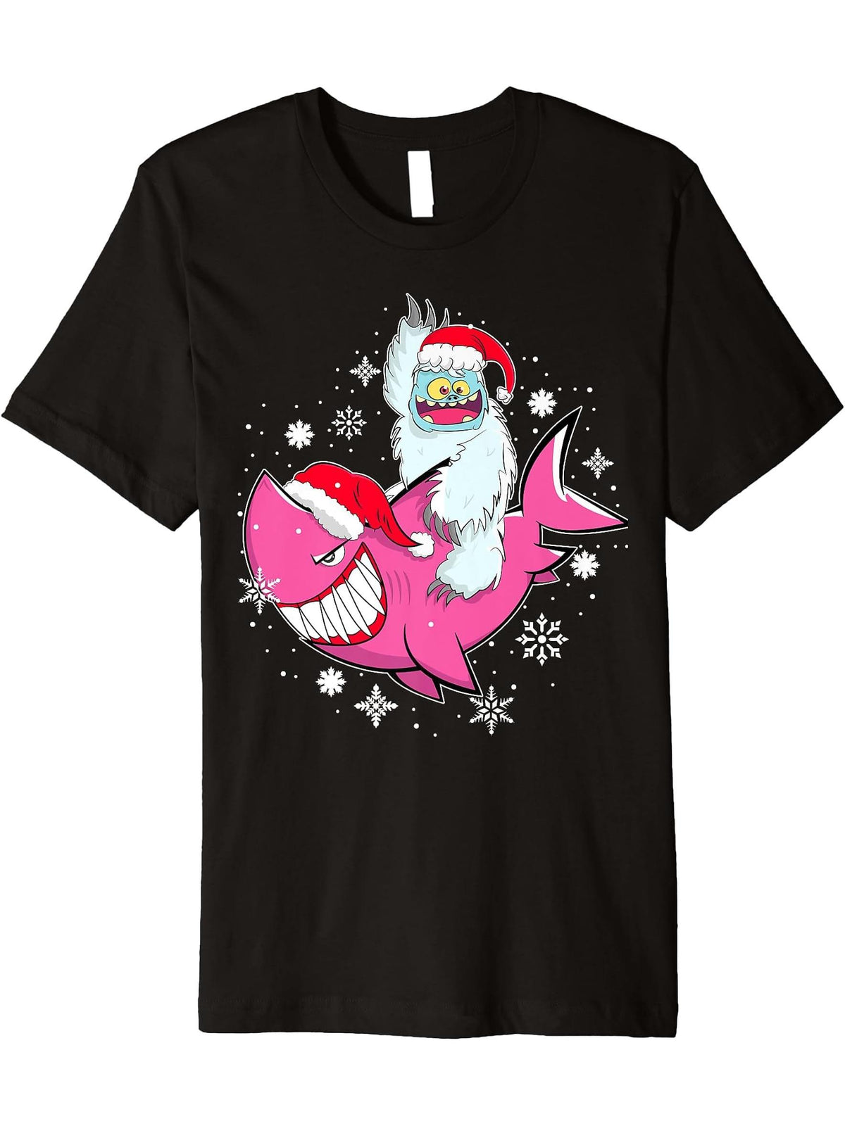 Santa Shark & Yeti Abominable Snowman Christmas Pajama Women Premium T-Shirt 180G 100% Cotton Printed Round Neck Short-Sleeve T-Shirt, Gifts for Men Dad Husband Grandpa, S-XXXL, Black