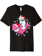 Santa Shark & Yeti Abominable Snowman Christmas Pajama Women Premium T-Shirt 180G 100% Cotton Printed Round Neck Short-Sleeve T-Shirt, Gifts for Men Dad Husband Grandpa, S-XXXL, Black