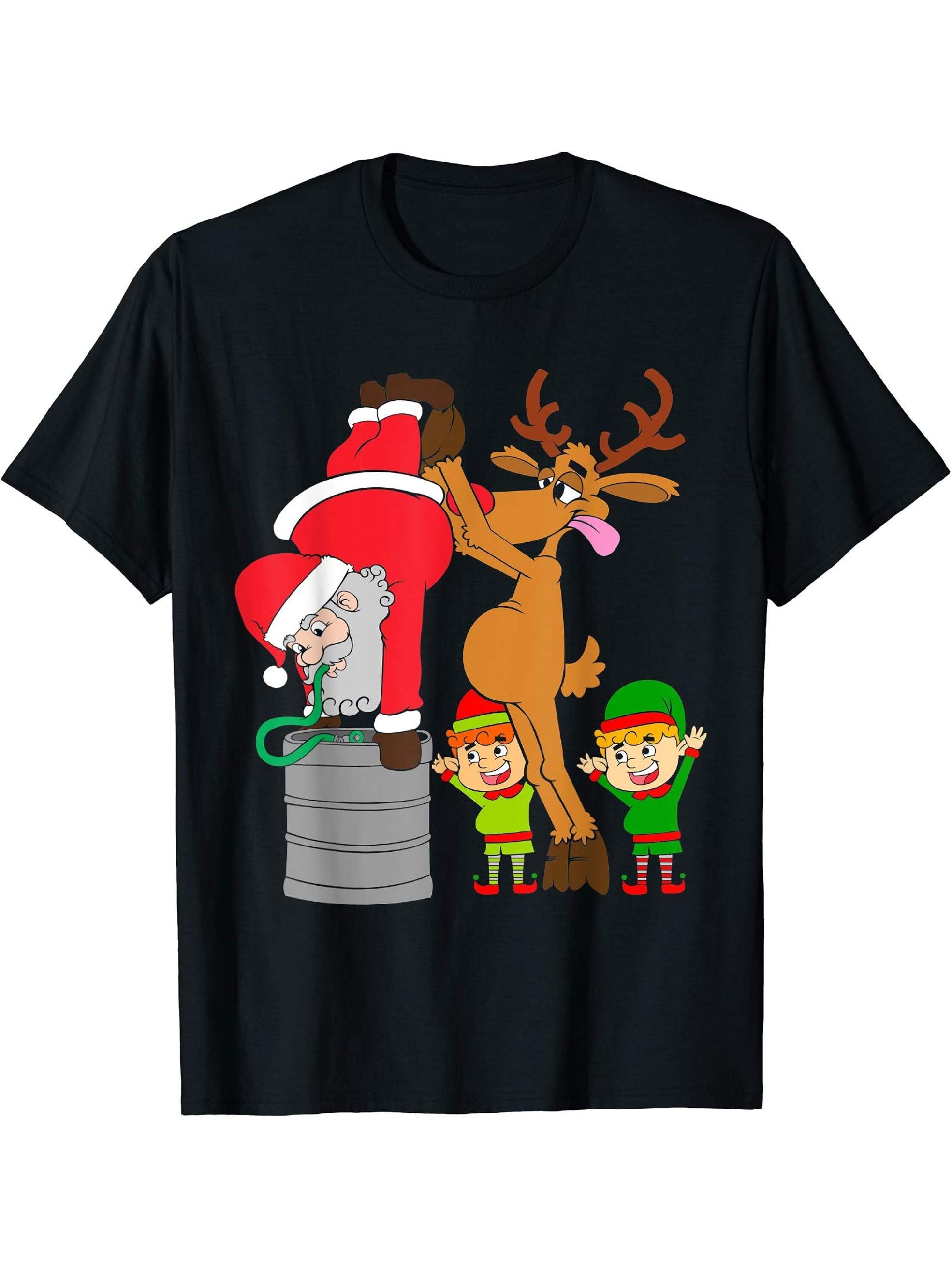 Keg Stand Christmas Santa Clause Drinking Beer and Elfs Gift T-Shirt 180G 100% Cotton Printed Round Neck Short-Sleeve T-Shirt, Gifts for Men Dad Husband Grandpa, S-XXXL, Black