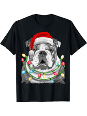 English Bulldog Santa Christmas Tree Lights Xmas Boys Dog T-Shirt 180G 100% Cotton Printed Round Neck Short-Sleeve T-Shirt, Gifts for Men Dad Husband Grandpa, S-XXXL, Black