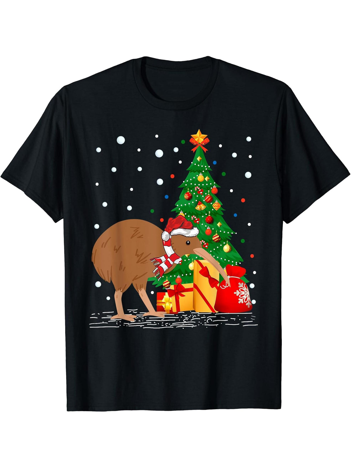 Kiwi Bird Lover Gift Santa Hat Kiwi Christmas T-Shirt 180G 100% Cotton Printed Round Neck Short-Sleeve T-Shirt, Gifts for Men Dad Husband Grandpa, S-XXXL, Black
