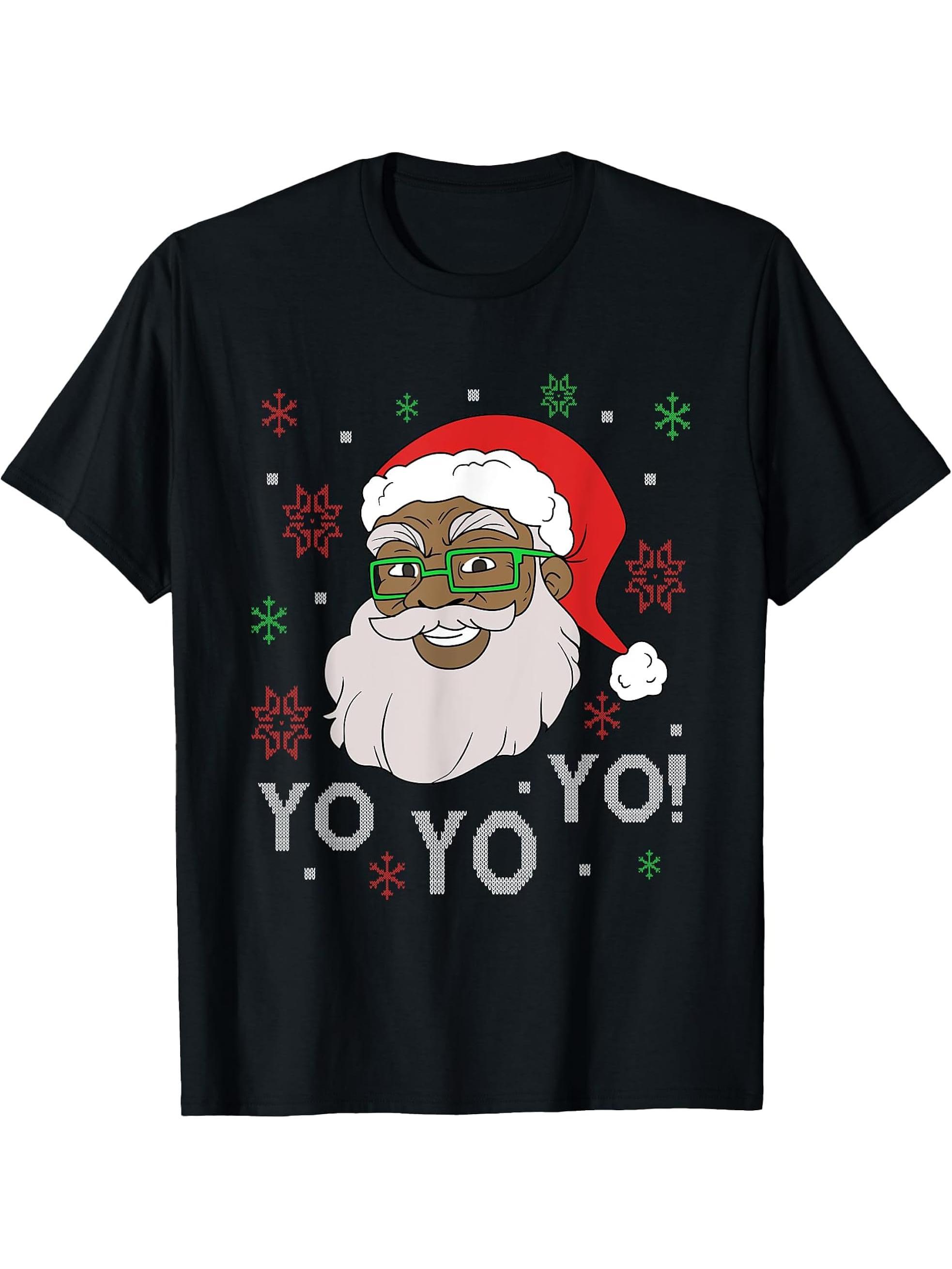 Black Funny Santa Claus Christmas Yo Yo Yo Xmas Costume T-Shirt 180G 100% Cotton Printed Round Neck Short-Sleeve T-Shirt, Gifts for Men Dad Husband Grandpa, S-XXXL, Black