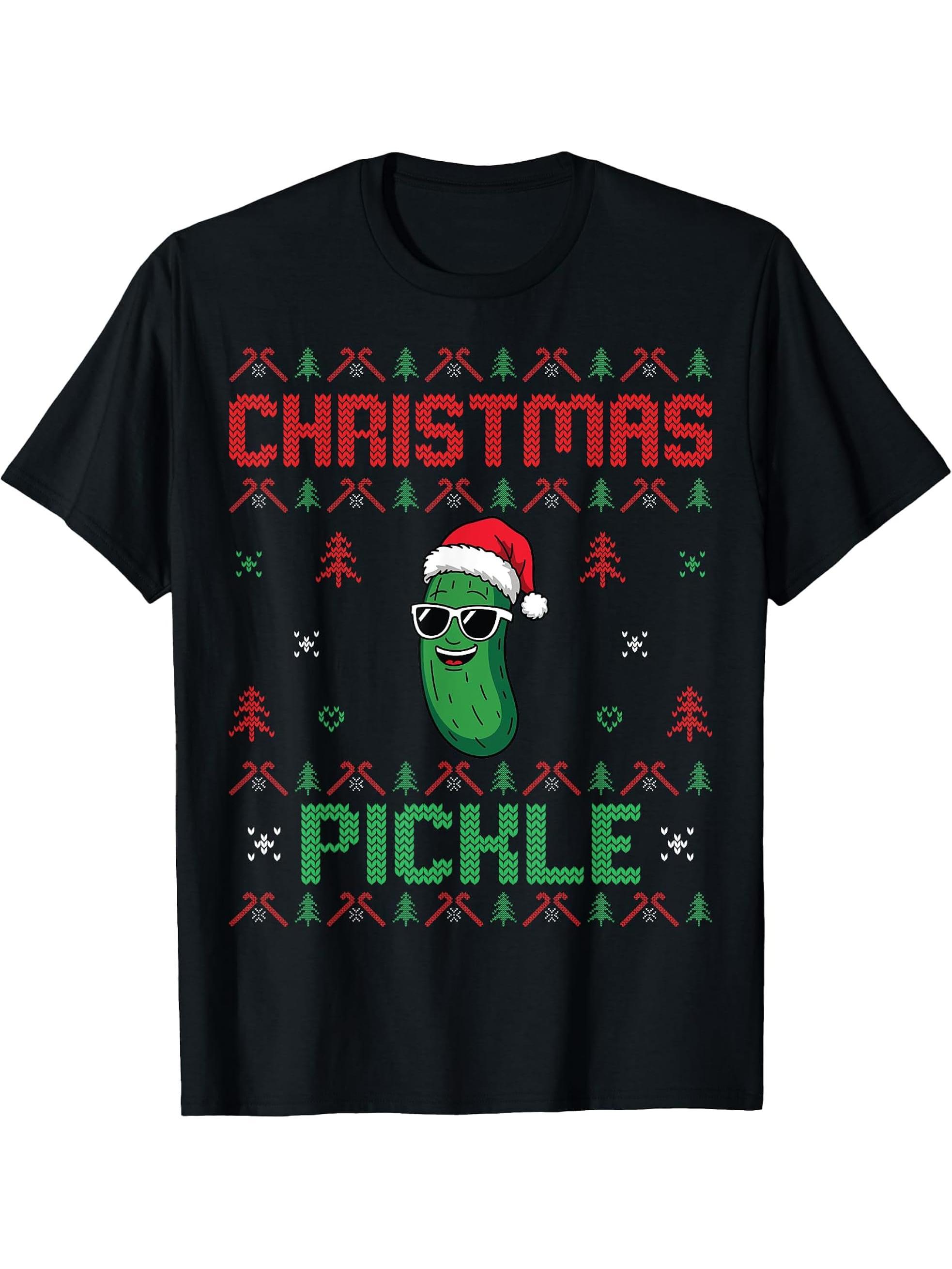 Pickle Wearing Santa Hat Xmas Party - Ugly Christmas Pickle T-Shirt 180G 100% Cotton Printed Round Neck Short-Sleeve T-Shirt, Gifts for Men Dad Husband Grandpa, S-XXXL, Black