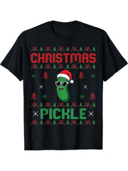 Pickle Wearing Santa Hat Xmas Party - Ugly Christmas Pickle T-Shirt 180G 100% Cotton Printed Round Neck Short-Sleeve T-Shirt, Gifts for Men Dad Husband Grandpa, S-XXXL, Black
