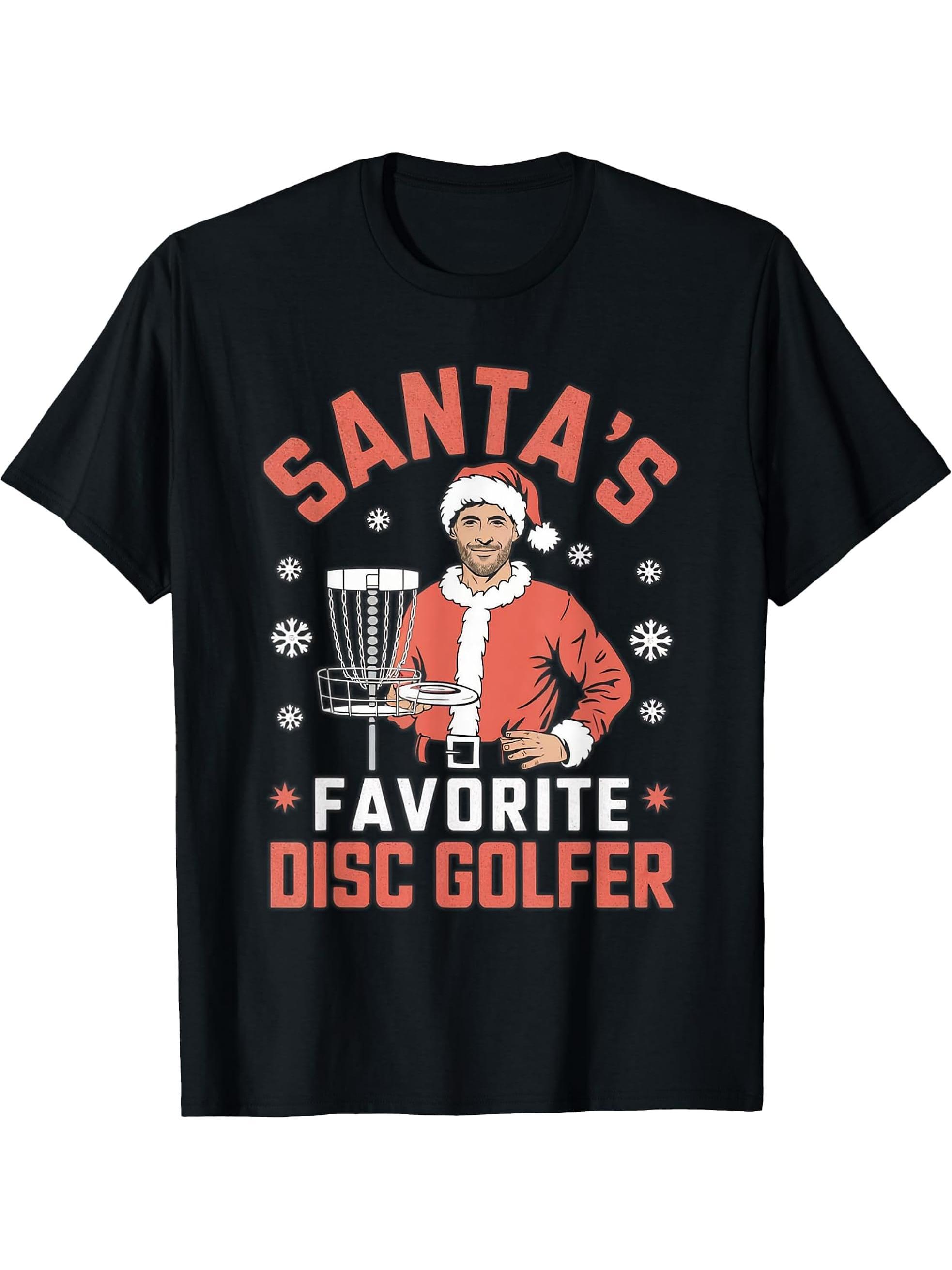 Funny Disc Golf Christmas Men Xmas Disc Golf Santa Golfer T-Shirt 180G 100% Cotton Printed Round Neck Short-Sleeve T-Shirt, Gifts for Men Dad Husband Grandpa, S-XXXL, Black