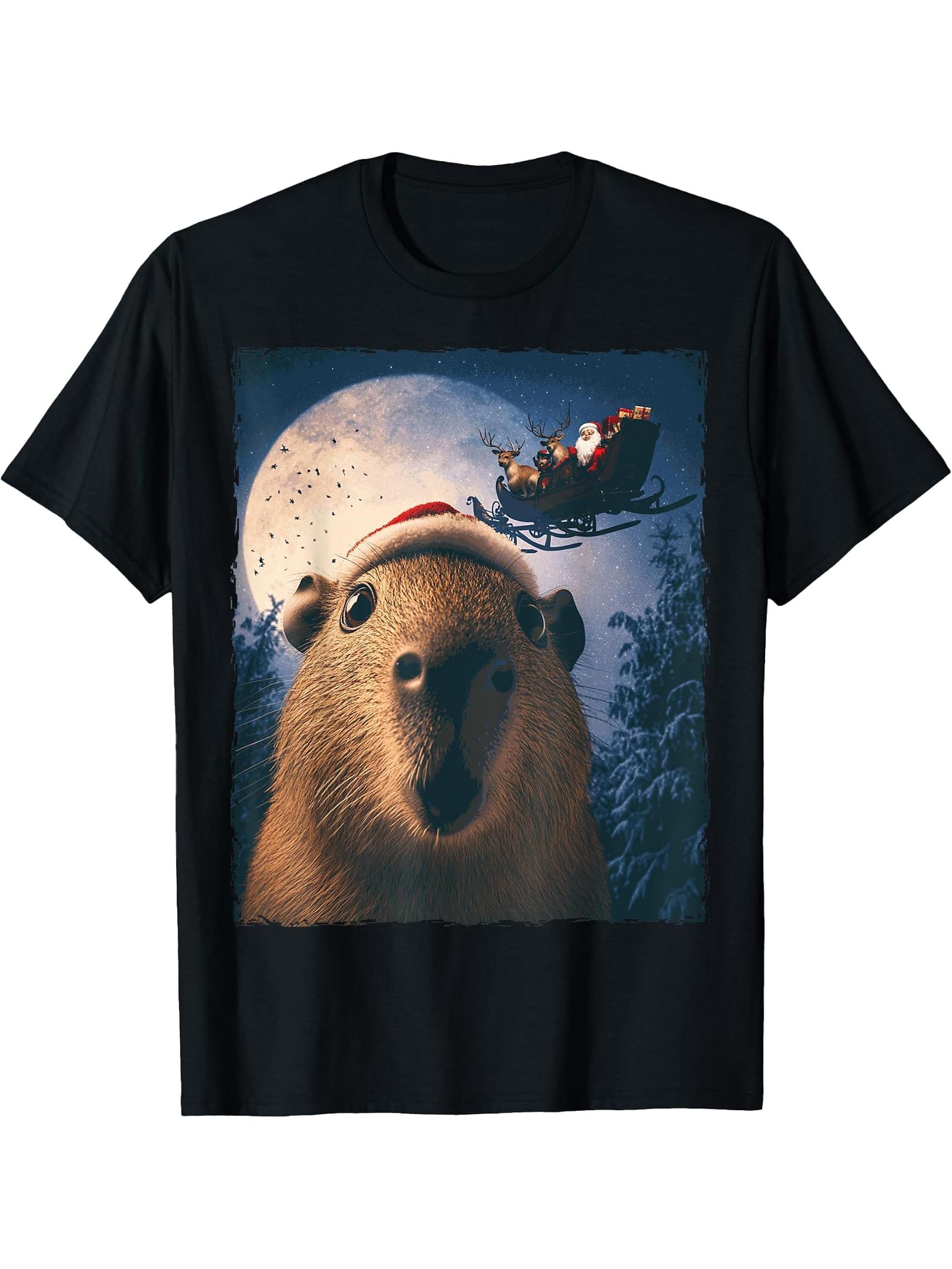 Funny Capybara Selfie Santa Moon Xmas Christmas T-Shirt 180G 100% Cotton Printed Round Neck Short-Sleeve T-Shirt, Gifts for Men Dad Husband Grandpa, S-XXXL, Black