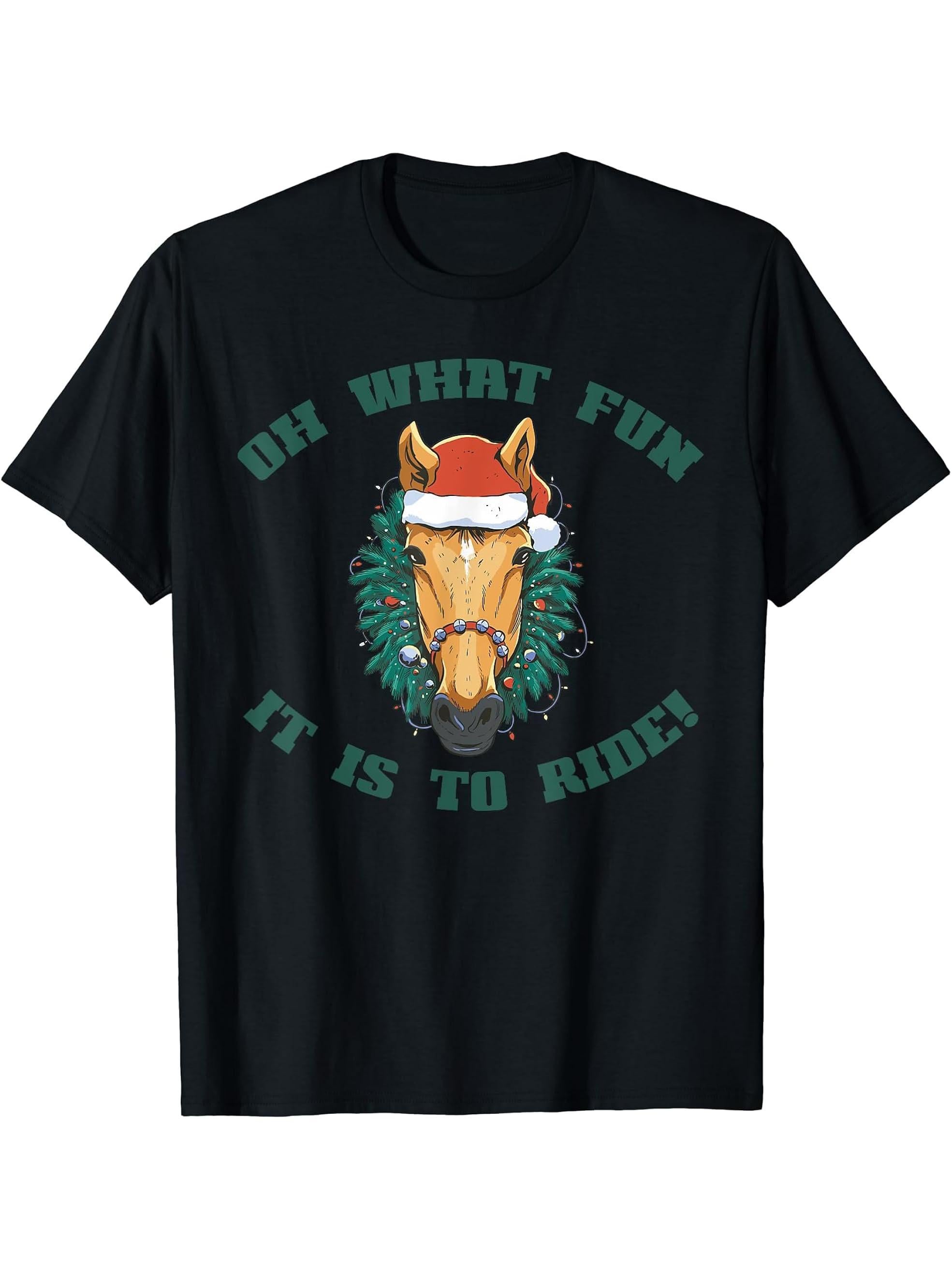 OH WHAT FUN IT IS TO RIDE! Christmas Horse Wreath Santa Meme T-Shirt 180G 100% Cotton Printed Round Neck Short-Sleeve T-Shirt, Gifts for Men Dad Husband Grandpa, S-XXXL, Black