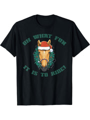 OH WHAT FUN IT IS TO RIDE! Christmas Horse Wreath Santa Meme T-Shirt 180G 100% Cotton Printed Round Neck Short-Sleeve T-Shirt, Gifts for Men Dad Husband Grandpa, S-XXXL, Black