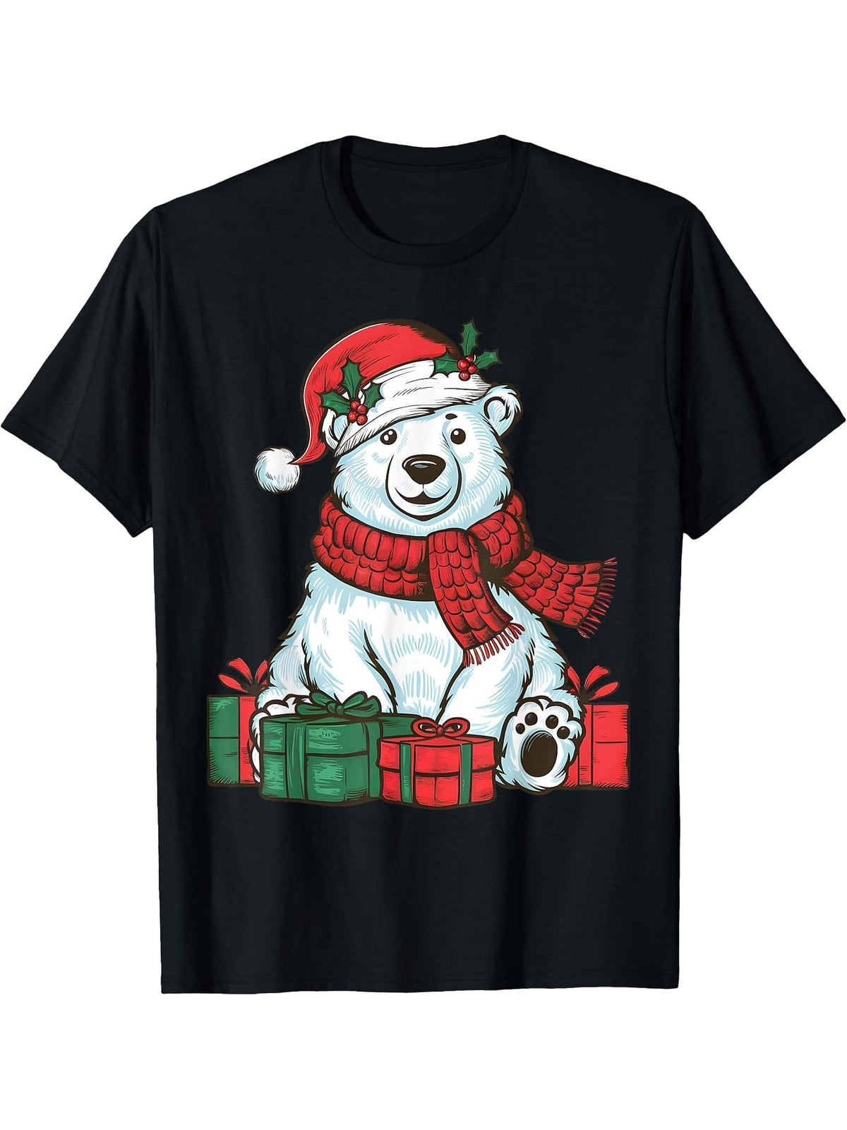 Xmas Holiday Santa Hat Polar Bear Christmas T-Shirt 180G 100% Cotton Printed Round Neck Short-Sleeve T-Shirt, Gifts for Men Dad Husband Grandpa, S-XXXL, Black