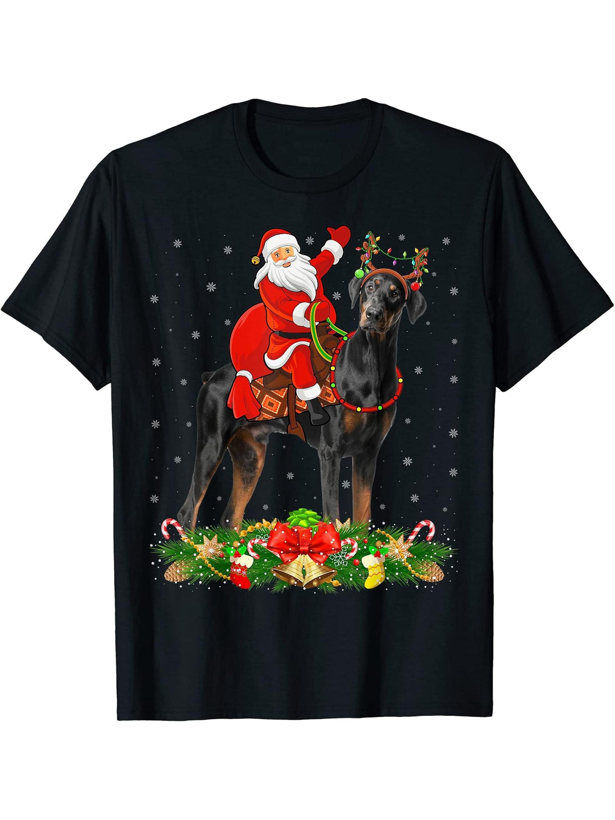 Doberman Dog Xmas Funny Santa Riding Doberman Christmas T-Shirt 180G 100% Cotton Printed Round Neck Short-Sleeve T-Shirt, Gifts for Men Dad Husband Grandpa, S-XXXL, Black