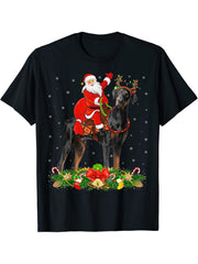 Doberman Dog Xmas Funny Santa Riding Doberman Christmas T-Shirt 180G 100% Cotton Printed Round Neck Short-Sleeve T-Shirt, Gifts for Men Dad Husband Grandpa, S-XXXL, Black