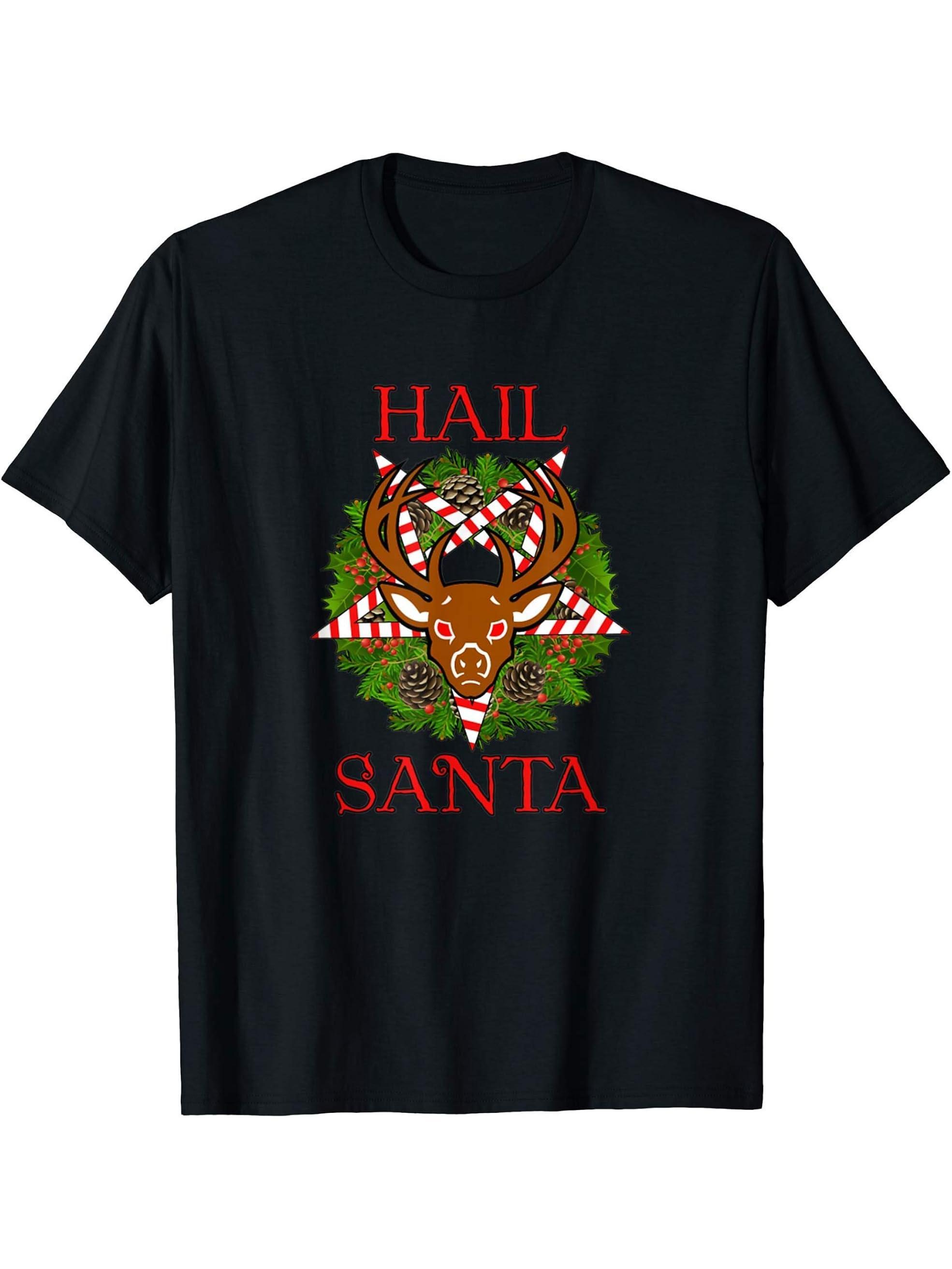 Hail Santa Satanic Reindeer T-Shirt 180G 100% Cotton Printed Round Neck Short-Sleeve T-Shirt, Gifts for Men Dad Husband Grandpa, S-XXXL, Black