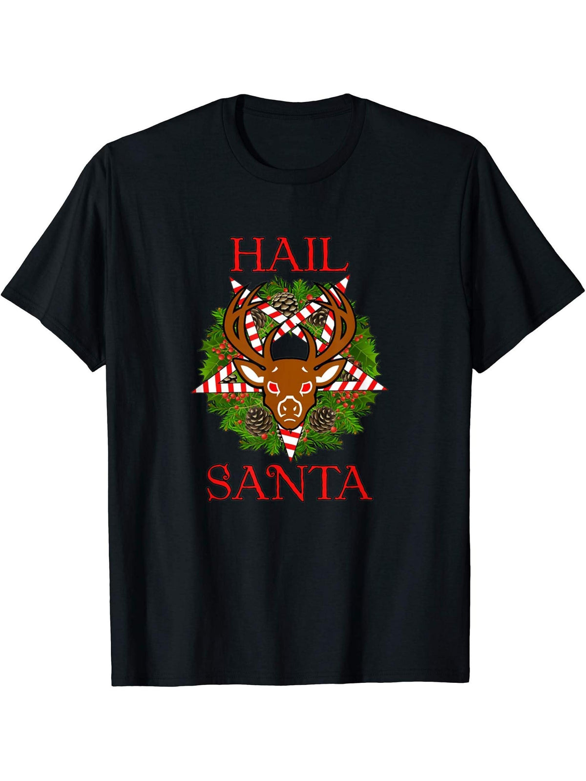 Hail Santa Satanic Reindeer T-Shirt 180G 100% Cotton Printed Round Neck Short-Sleeve T-Shirt, Gifts for Men Dad Husband Grandpa, S-XXXL, Black