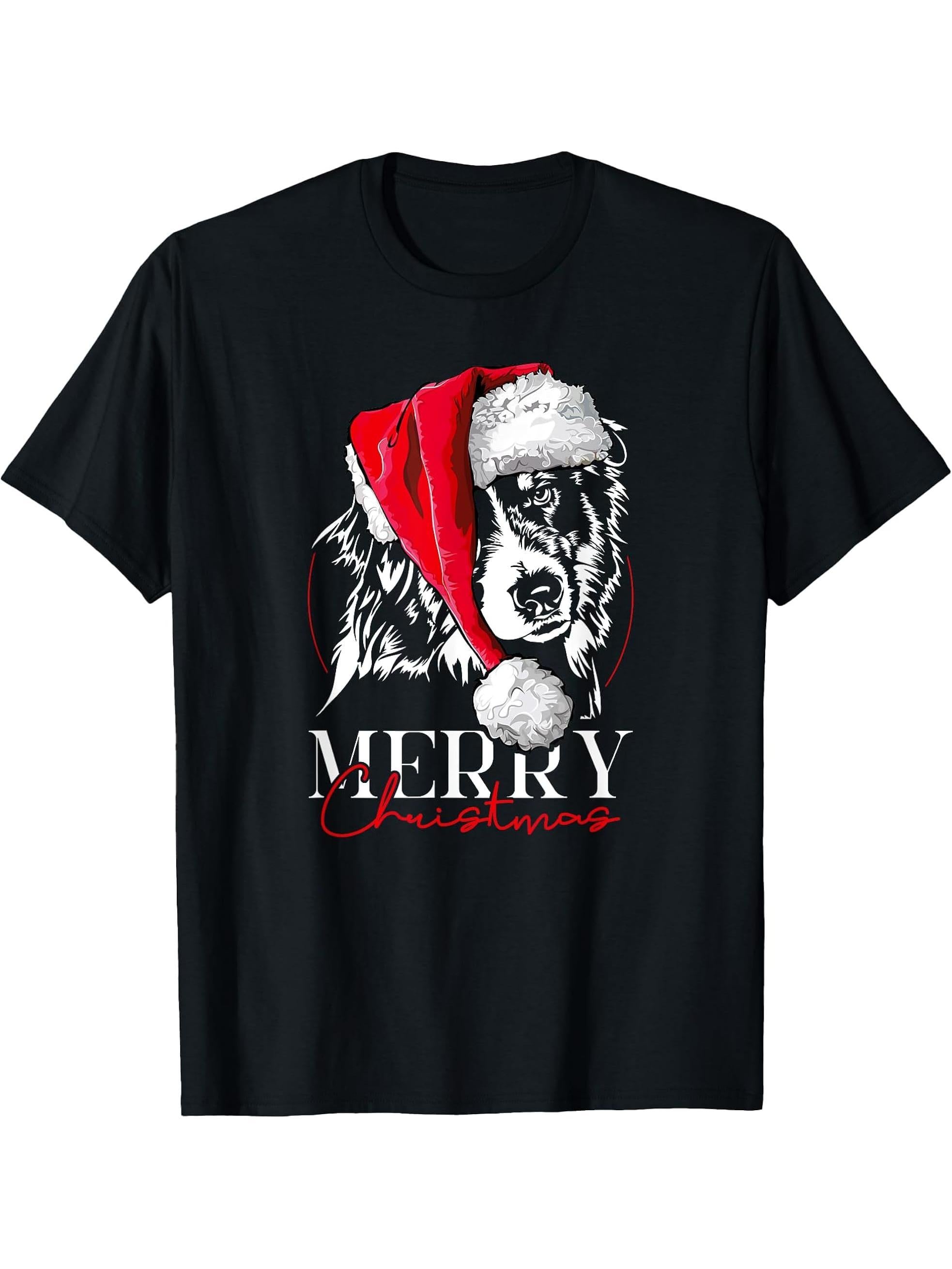 Funny Santa Aussie Australian Shepherd Merry Christmas dog T-Shirt 180G 100% Cotton Printed Round Neck Short-Sleeve T-Shirt, Gifts for Men Dad Husband Grandpa, S-XXXL, Black