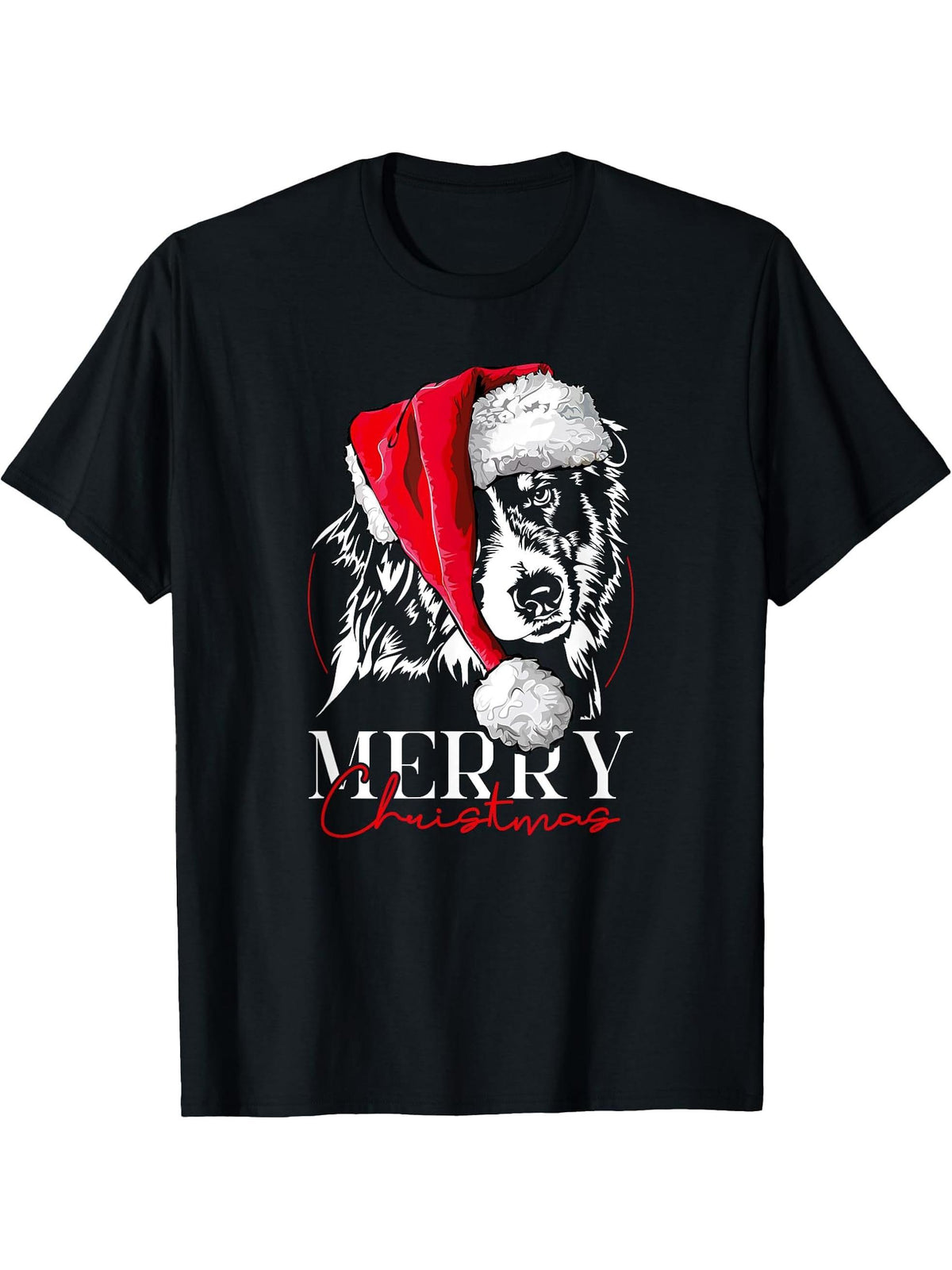 Funny Santa Aussie Australian Shepherd Merry Christmas dog T-Shirt 180G 100% Cotton Printed Round Neck Short-Sleeve T-Shirt, Gifts for Men Dad Husband Grandpa, S-XXXL, Black