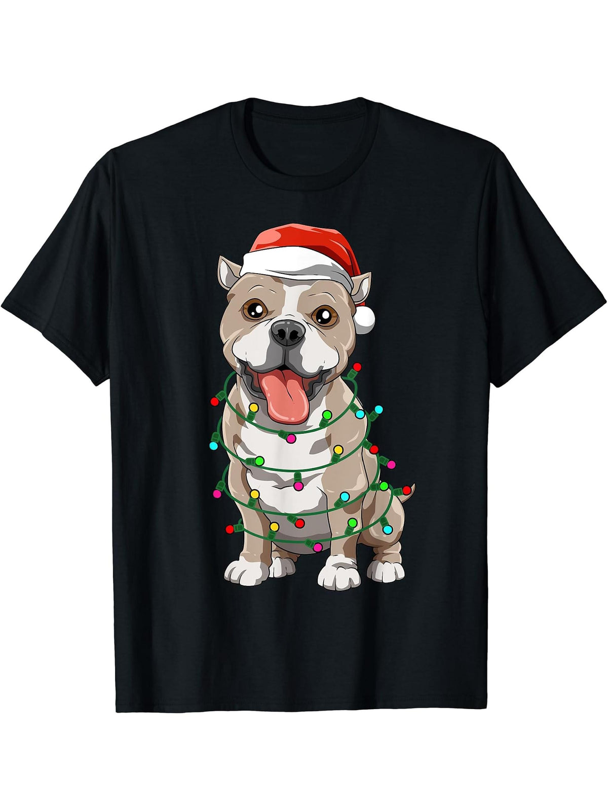Pitbull Christmas Santa Pitbull Dog Lovers Christmas Tree T-Shirt 180G 100% Cotton Printed Round Neck Short-Sleeve T-Shirt, Gifts for Men Dad Husband Grandpa, S-XXXL, Black