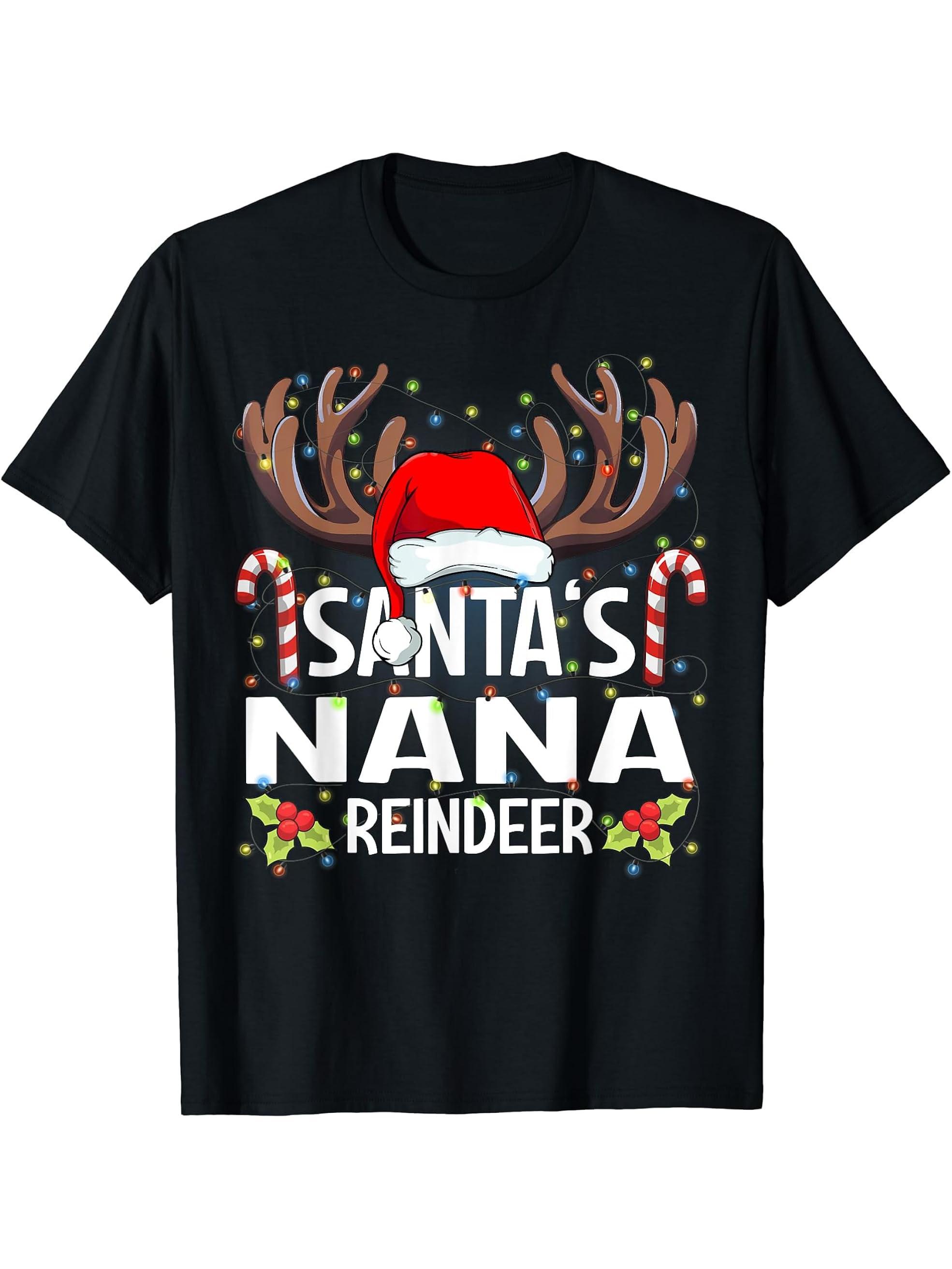 Santa's Nana Reindeer Christmas Pajama T-Shirt 180G 100% Cotton Printed Round Neck Short-Sleeve T-Shirt, Gifts for Men Dad Husband Grandpa, S-XXXL, Black