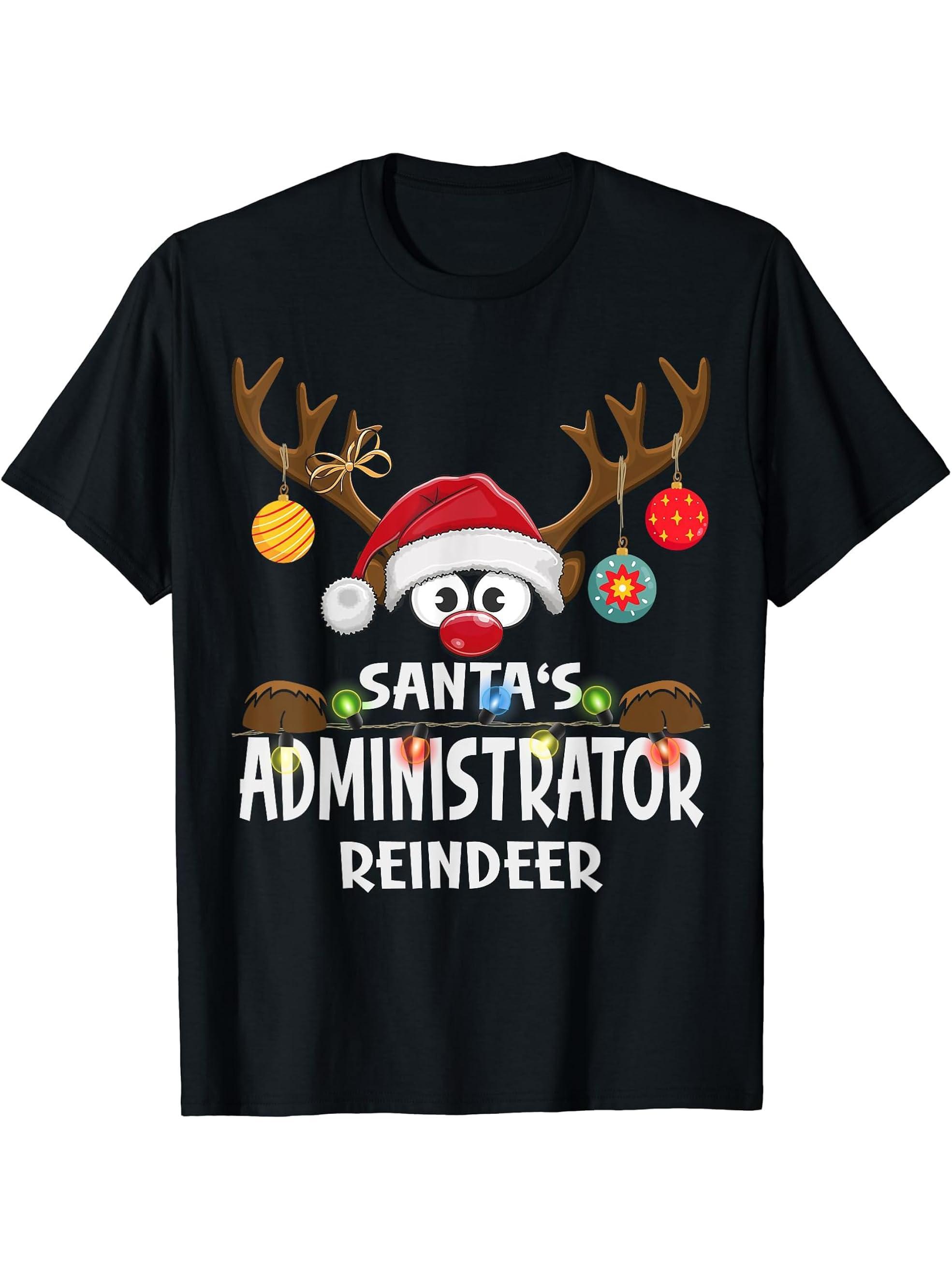 Christmas Family Santa's Administrator Reindeer Pajama T-Shirt 180G 100% Cotton Printed Round Neck Short-Sleeve T-Shirt, Gifts for Men Dad Husband Grandpa, S-XXXL, Black