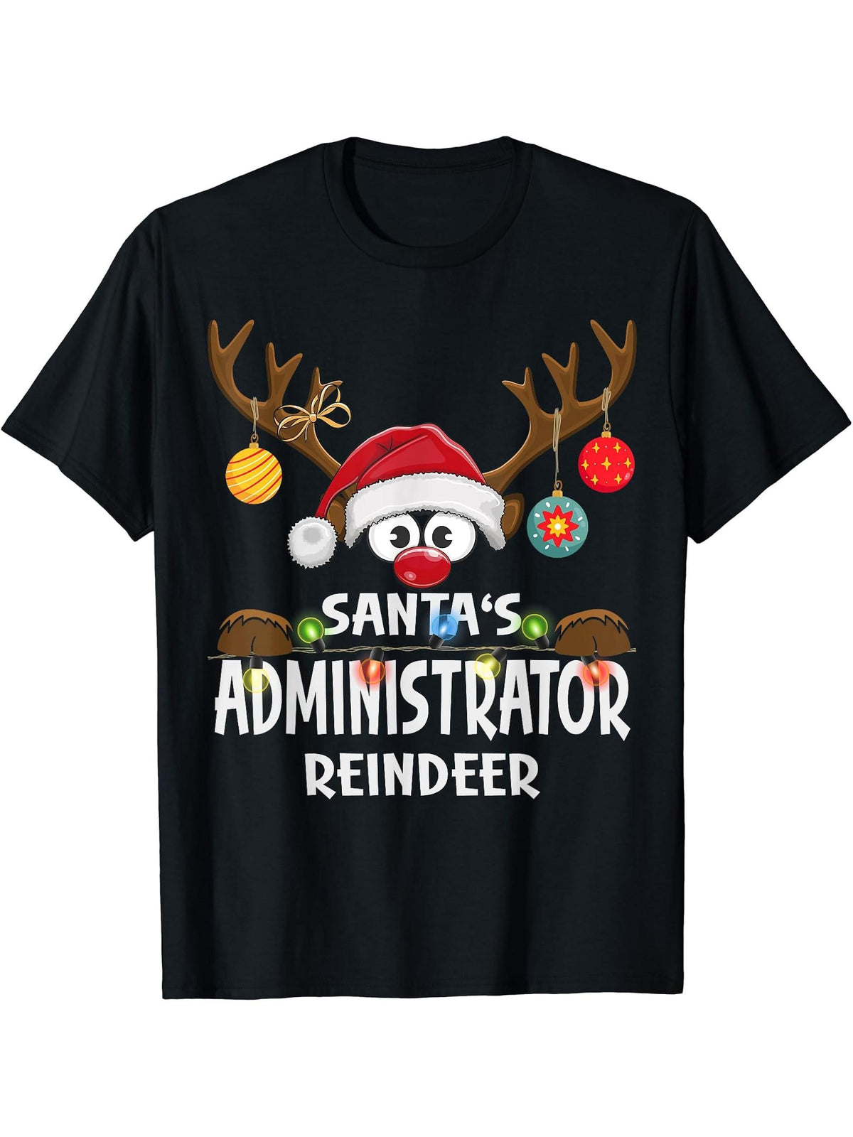 Christmas Family Santa's Administrator Reindeer Pajama T-Shirt 180G 100% Cotton Printed Round Neck Short-Sleeve T-Shirt, Gifts for Men Dad Husband Grandpa, S-XXXL, Black