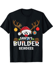 Christmas Family Santa's Builder Reindeer Pajama T-Shirt 180G 100% Cotton Printed Round Neck Short-Sleeve T-Shirt, Gifts for Men Dad Husband Grandpa, S-XXXL, Black
