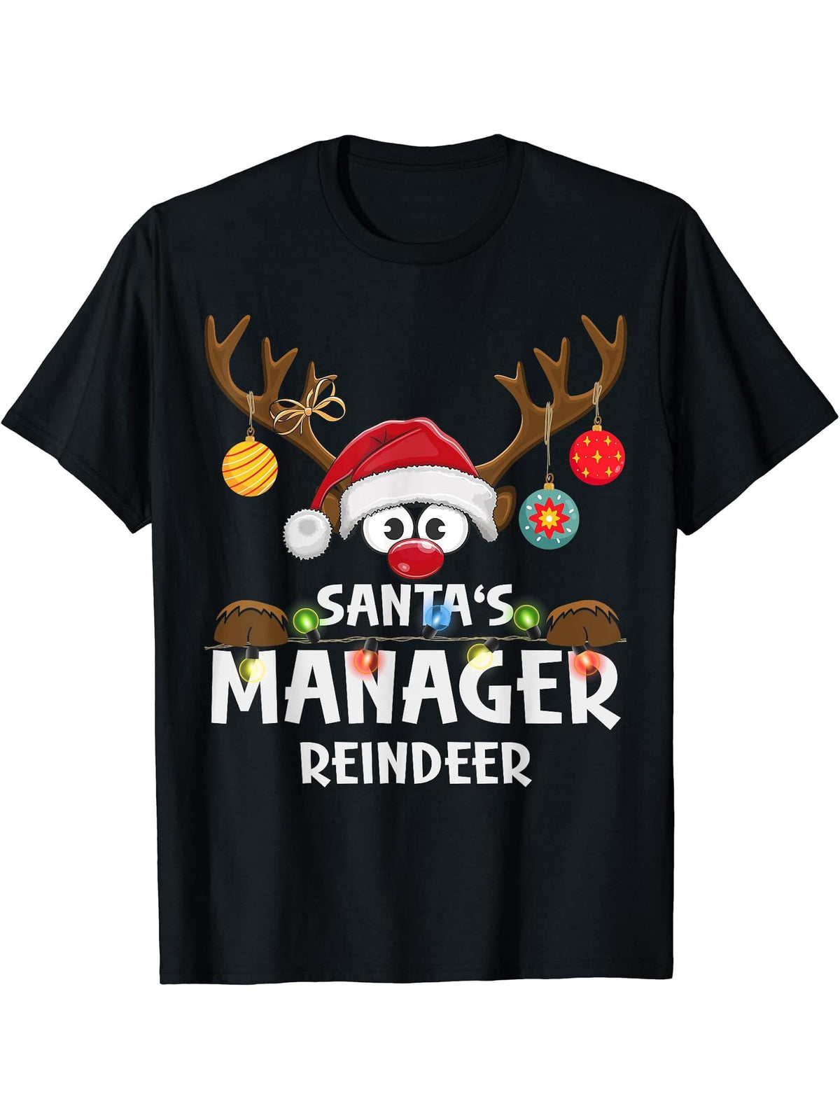 Christmas Family Santa's Manager Reindeer Pajama T-Shirt 180G 100% Cotton Printed Round Neck Short-Sleeve T-Shirt, Gifts for Men Dad Husband Grandpa, S-XXXL, Black
