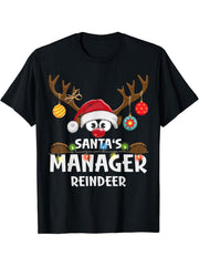 Christmas Family Santa's Manager Reindeer Pajama T-Shirt 180G 100% Cotton Printed Round Neck Short-Sleeve T-Shirt, Gifts for Men Dad Husband Grandpa, S-XXXL, Black