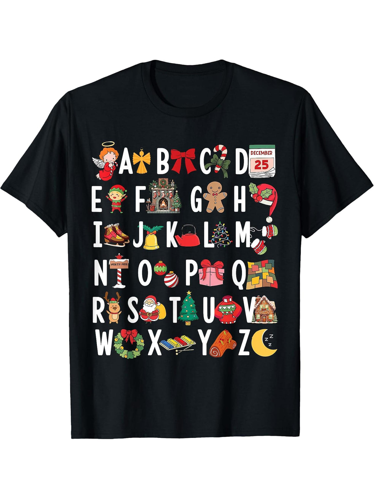 Christmas Alphabet ABC Pre-K Kindergarten Teachers Boy Girl T-Shirt 180G 100% Cotton Printed Round Neck Short-Sleeve T-Shirt, Gifts for Men Dad Husband Grandpa, S-XXXL, Black