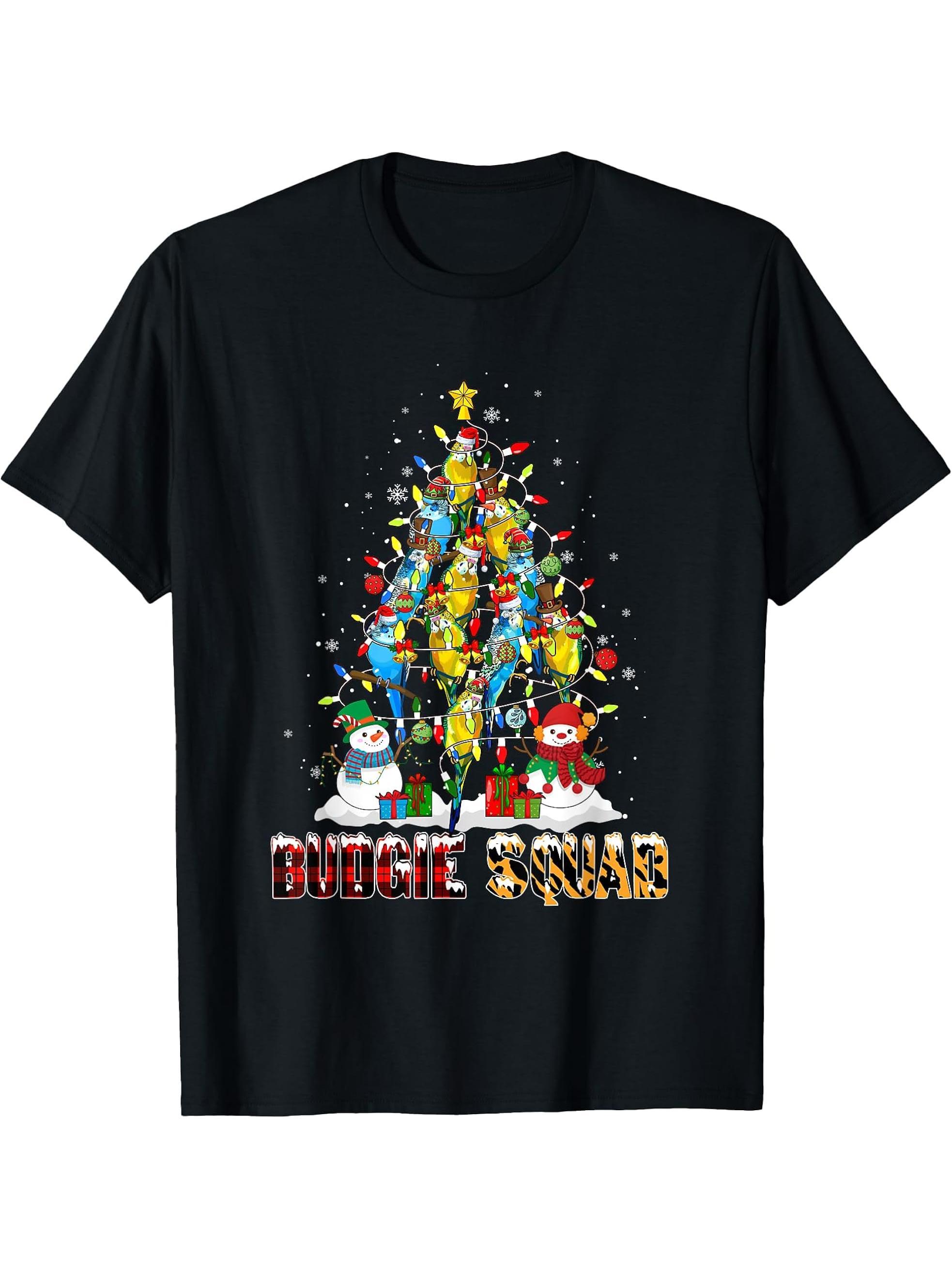 Budgie Squad Santa Reindeer Elf Budgies Christmas Tree Birds T-Shirt 180G 100% Cotton Printed Round Neck Short-Sleeve T-Shirt, Gifts for Men Dad Husband Grandpa, S-XXXL, Black