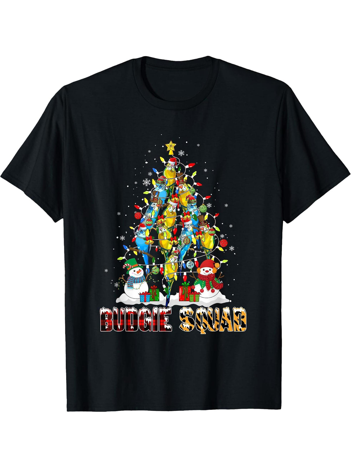 Budgie Squad Santa Reindeer Elf Budgies Christmas Tree Birds T-Shirt 180G 100% Cotton Printed Round Neck Short-Sleeve T-Shirt, Gifts for Men Dad Husband Grandpa, S-XXXL, Black