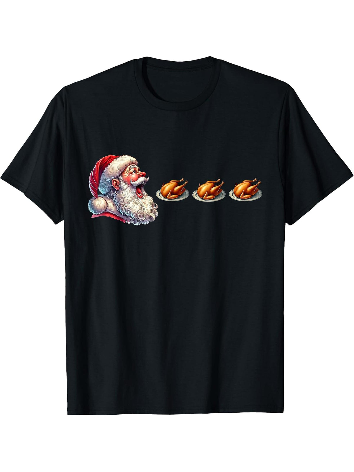 Christmas Video Game Santa Claus Eating Turkey Gamer T-Shirt 180G 100% Cotton Printed Round Neck Short-Sleeve T-Shirt, Gifts for Men Dad Husband Grandpa, S-XXXL, Black