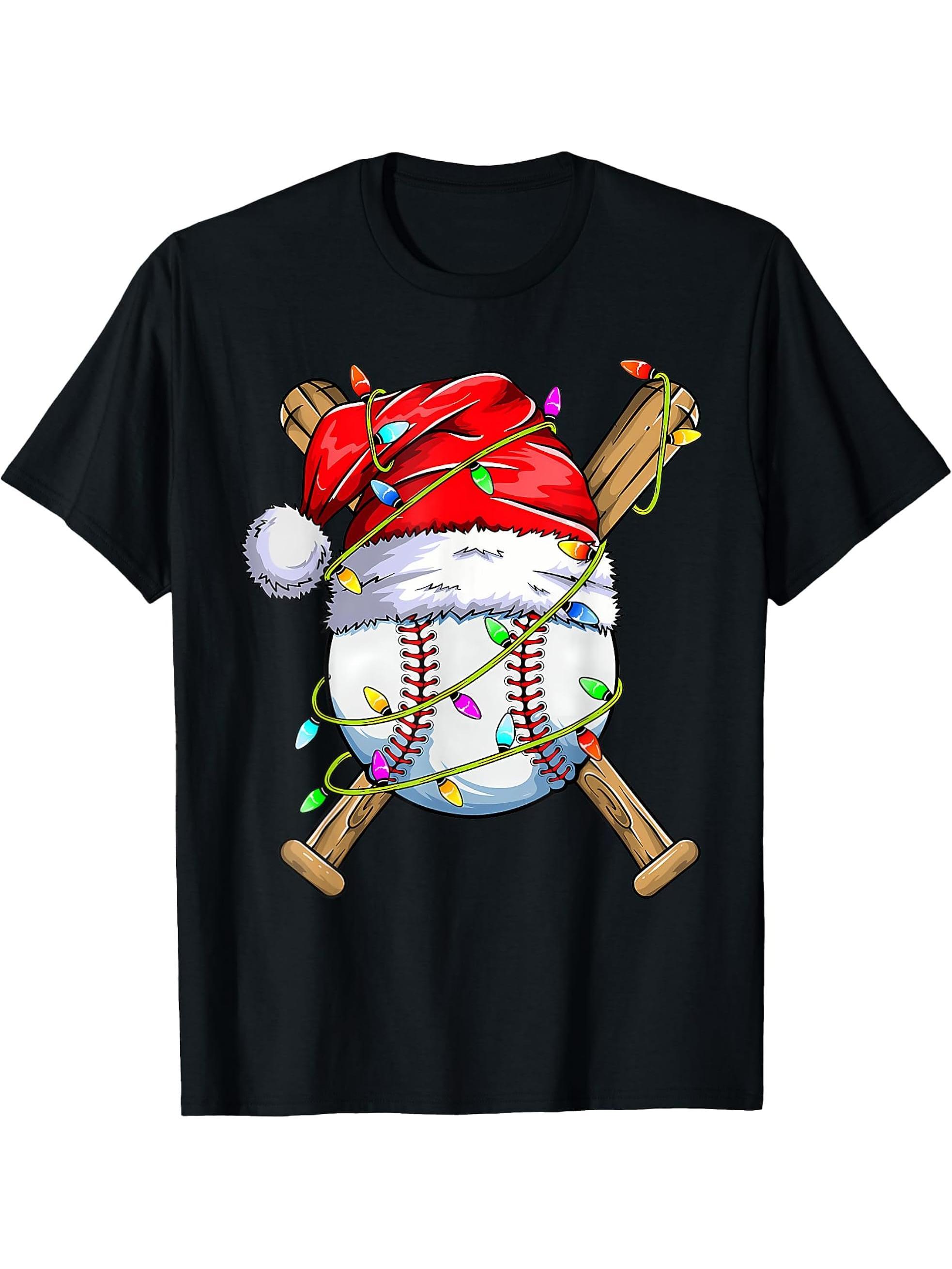 Santa Sports Design For Men Boys Christmas Baseball Player T-Shirt 180G 100% Cotton Printed Round Neck Short-Sleeve T-Shirt, Gifts for Men Dad Husband Grandpa, S-XXXL, Black