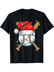 Santa Sports Design For Men Boys Christmas Baseball Player T-Shirt 180G 100% Cotton Printed Round Neck Short-Sleeve T-Shirt, Gifts for Men Dad Husband Grandpa, S-XXXL, Black