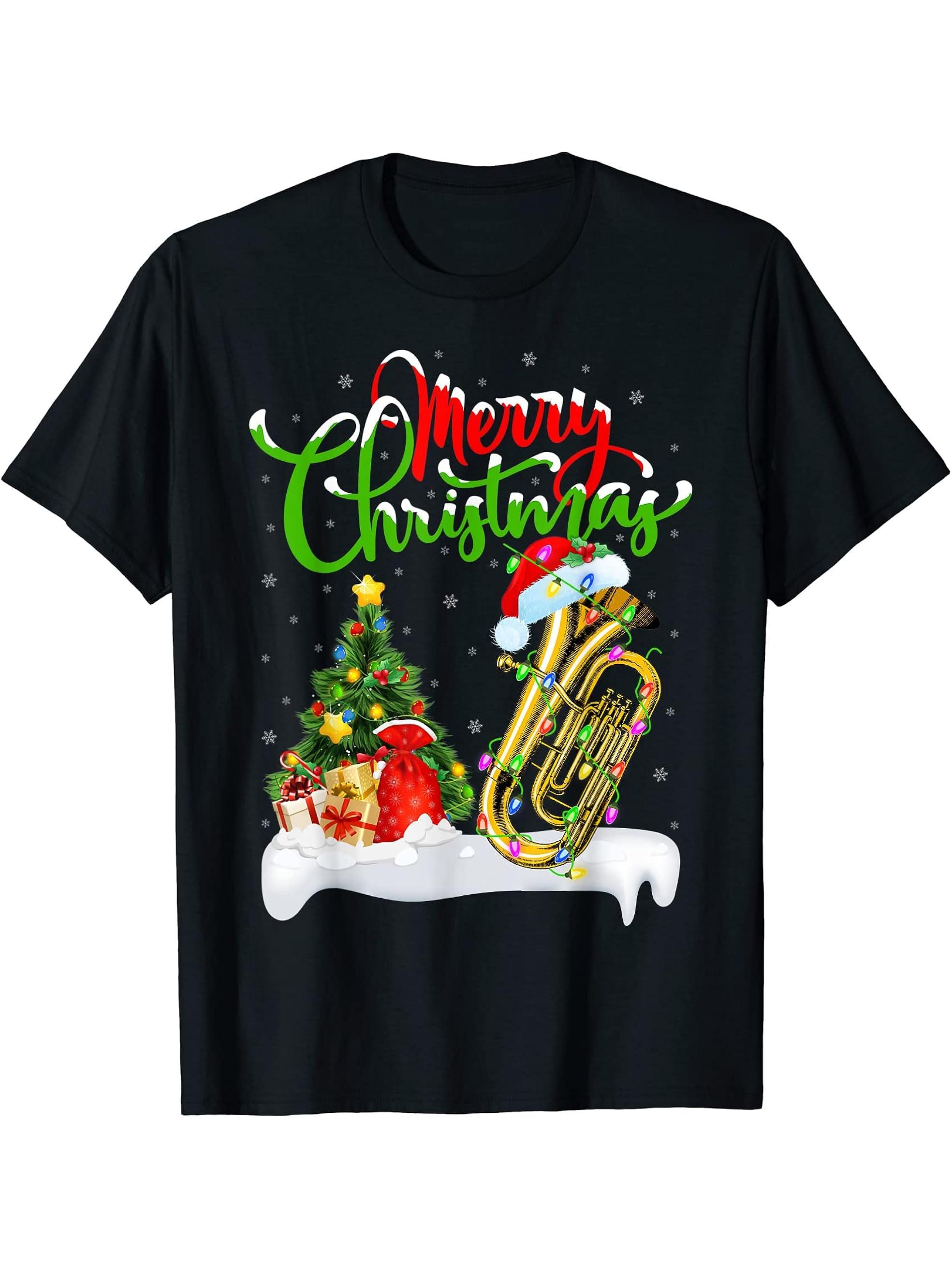 Funny Tuba Music Lover Xmas Lighting Santa Tuba Christmas T-Shirt 180G 100% Cotton Printed Round Neck Short-Sleeve T-Shirt, Gifts for Men Dad Husband Grandpa, S-XXXL, Black