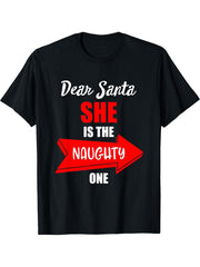 Dear Santa She Is The Naughty One Christmas T-Shirt 180G 100% Cotton Printed Round Neck Short-Sleeve T-Shirt, Gifts for Men Dad Husband Grandpa, S-XXXL, Black