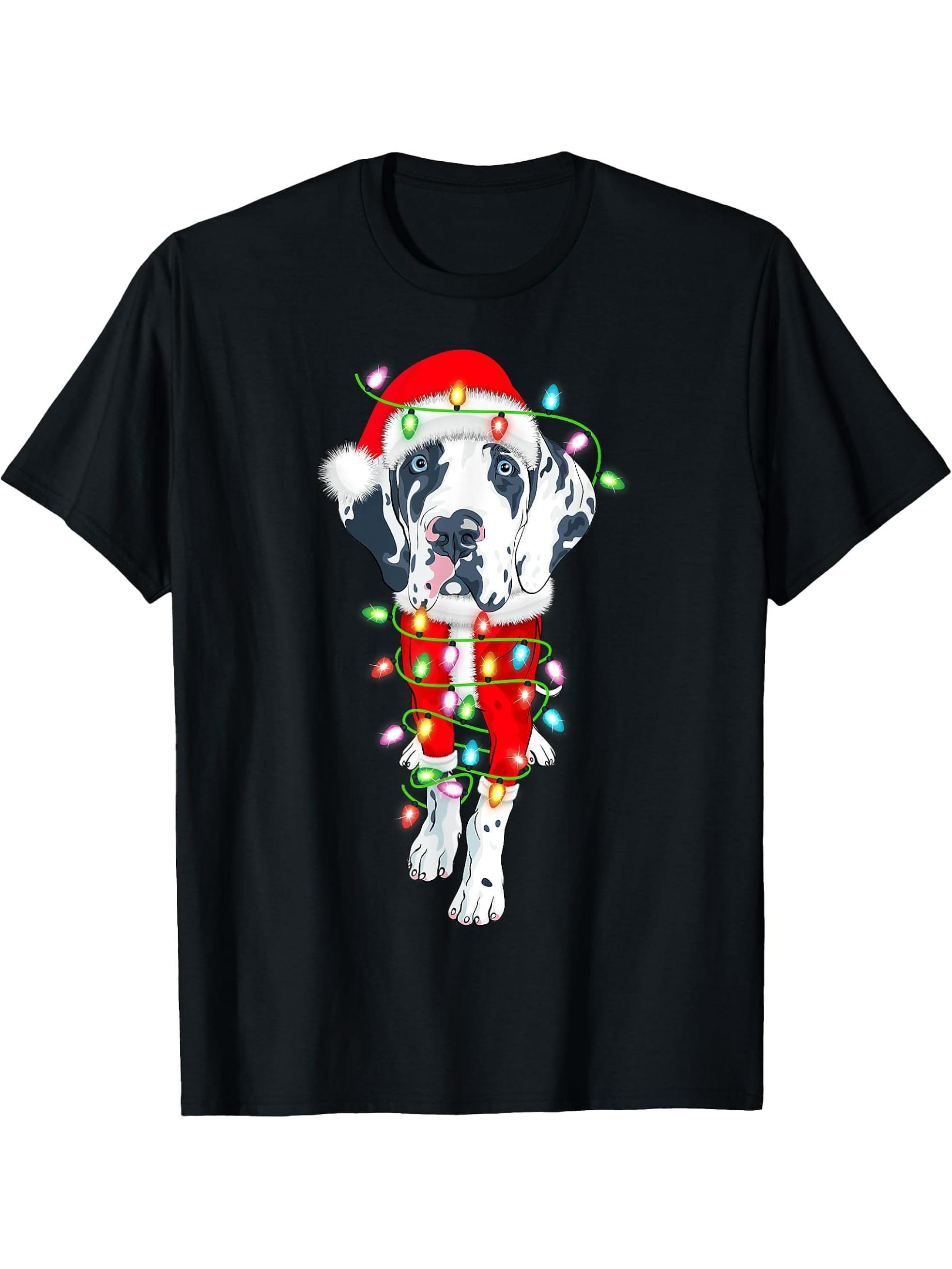 Great Dane Lover Xmas Lighting Santa Great Dane Christmas T-Shirt 180G 100% Cotton Printed Round Neck Short-Sleeve T-Shirt, Gifts for Men Dad Husband Grandpa, S-XXXL, Black