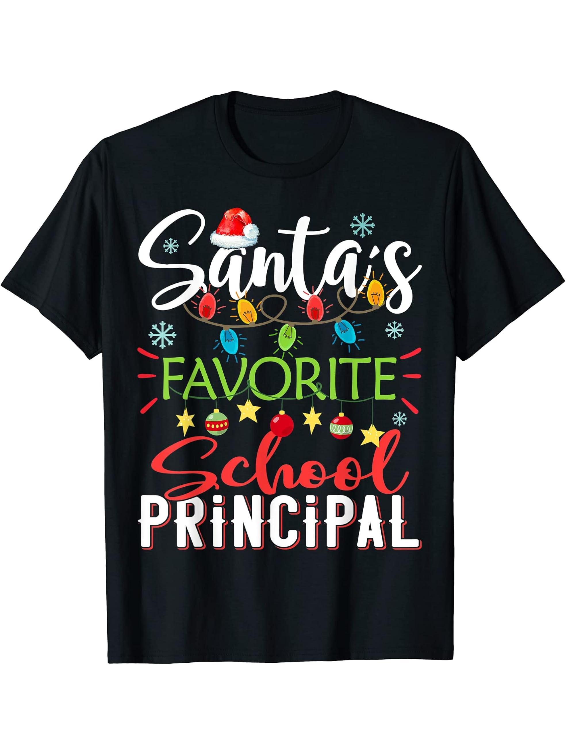 Santa's Favorite School principal Xmas Light Hat Christmas T-Shirt 180G 100% Cotton Printed Round Neck Short-Sleeve T-Shirt, Gifts for Men Dad Husband Grandpa, S-XXXL, Black