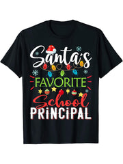 Santa's Favorite School principal Xmas Light Hat Christmas T-Shirt 180G 100% Cotton Printed Round Neck Short-Sleeve T-Shirt, Gifts for Men Dad Husband Grandpa, S-XXXL, Black