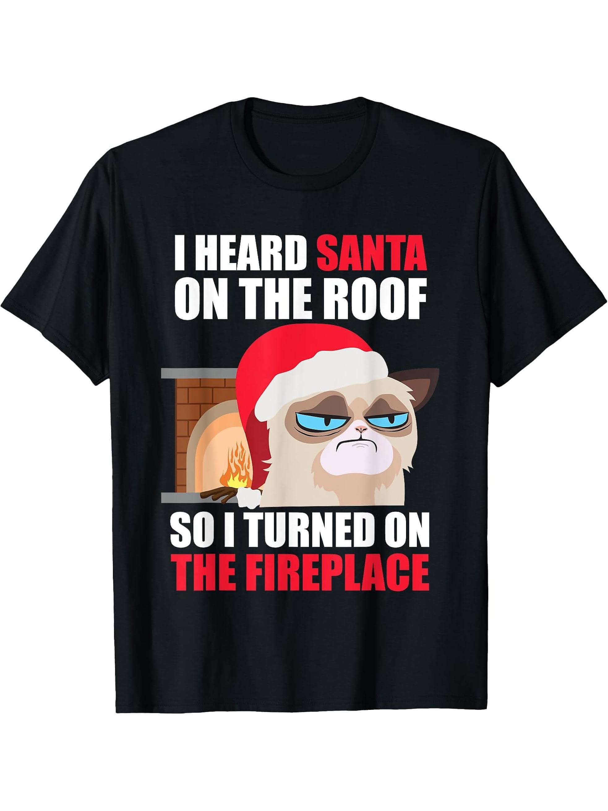 Funny Christmas Cat Hates Santa Grumpy Annoyed Cats T-Shirt 180G 100% Cotton Printed Round Neck Short-Sleeve T-Shirt, Gifts for Men Dad Husband Grandpa, S-XXXL, Black