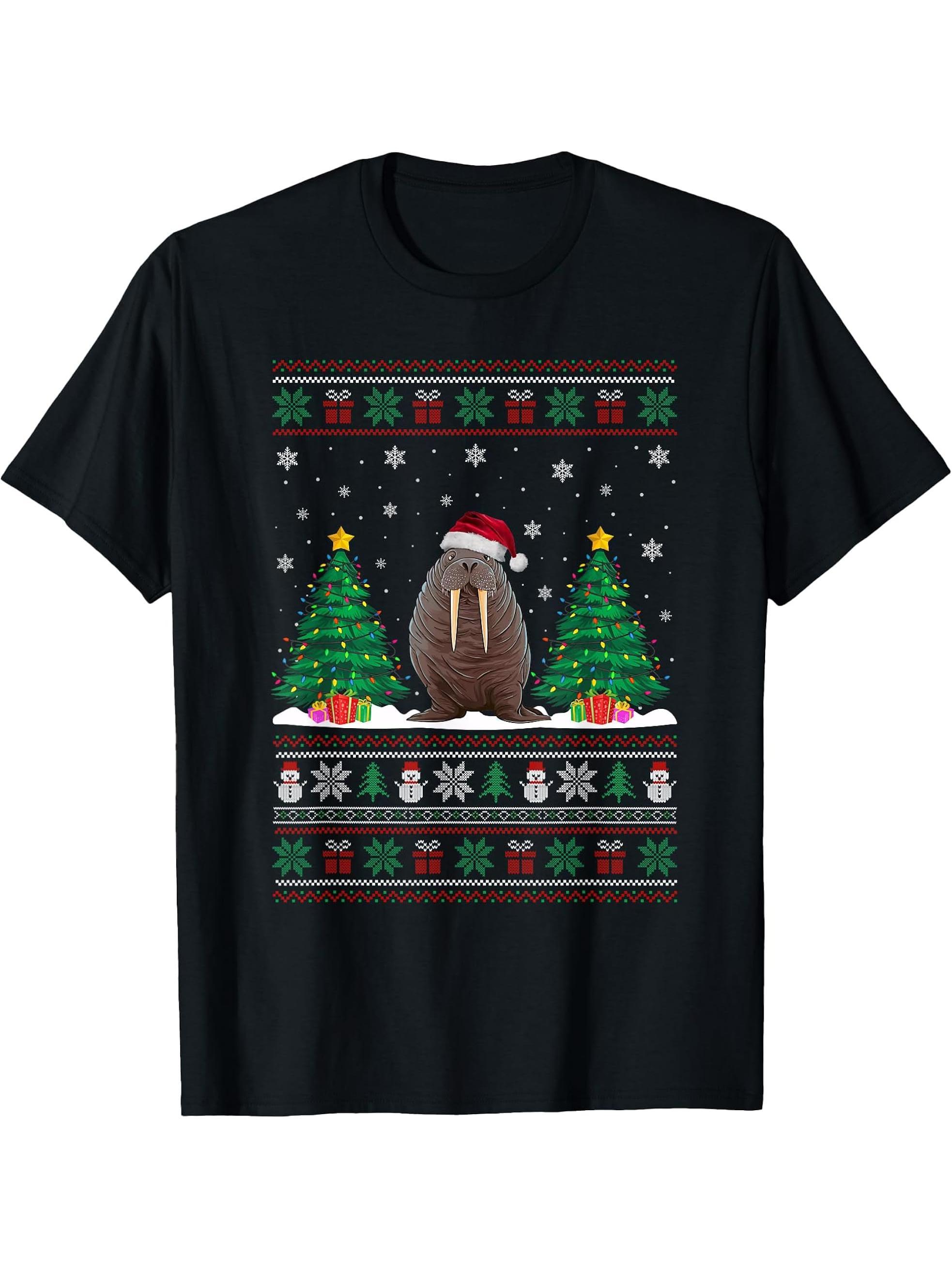Santa Hat Walrus Christmas Tree Lights Ugly Sweater T-Shirt 180G 100% Cotton Printed Round Neck Short-Sleeve T-Shirt, Gifts for Men Dad Husband Grandpa, S-XXXL, Black