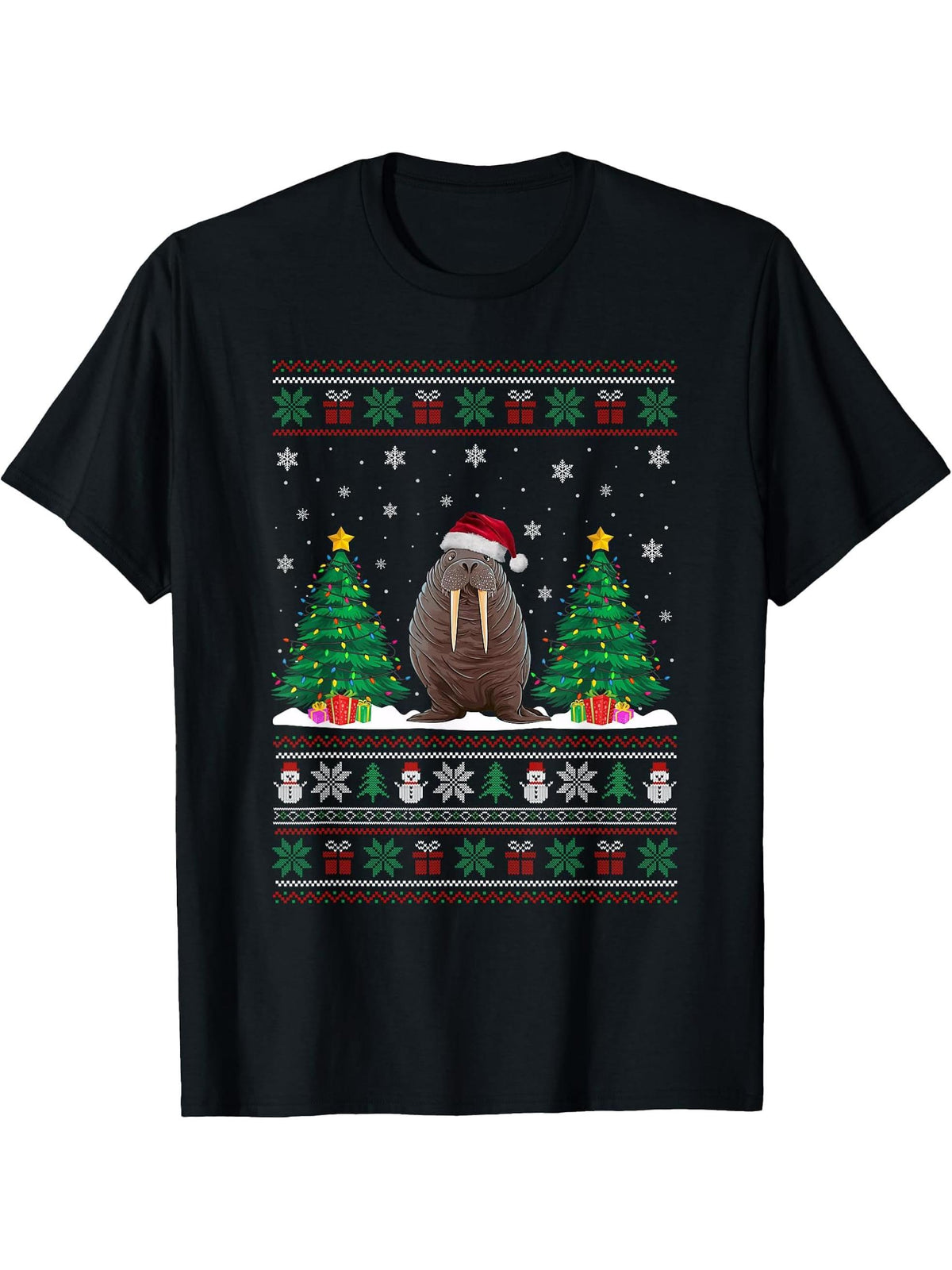Santa Hat Walrus Christmas Tree Lights Ugly Sweater T-Shirt 180G 100% Cotton Printed Round Neck Short-Sleeve T-Shirt, Gifts for Men Dad Husband Grandpa, S-XXXL, Black