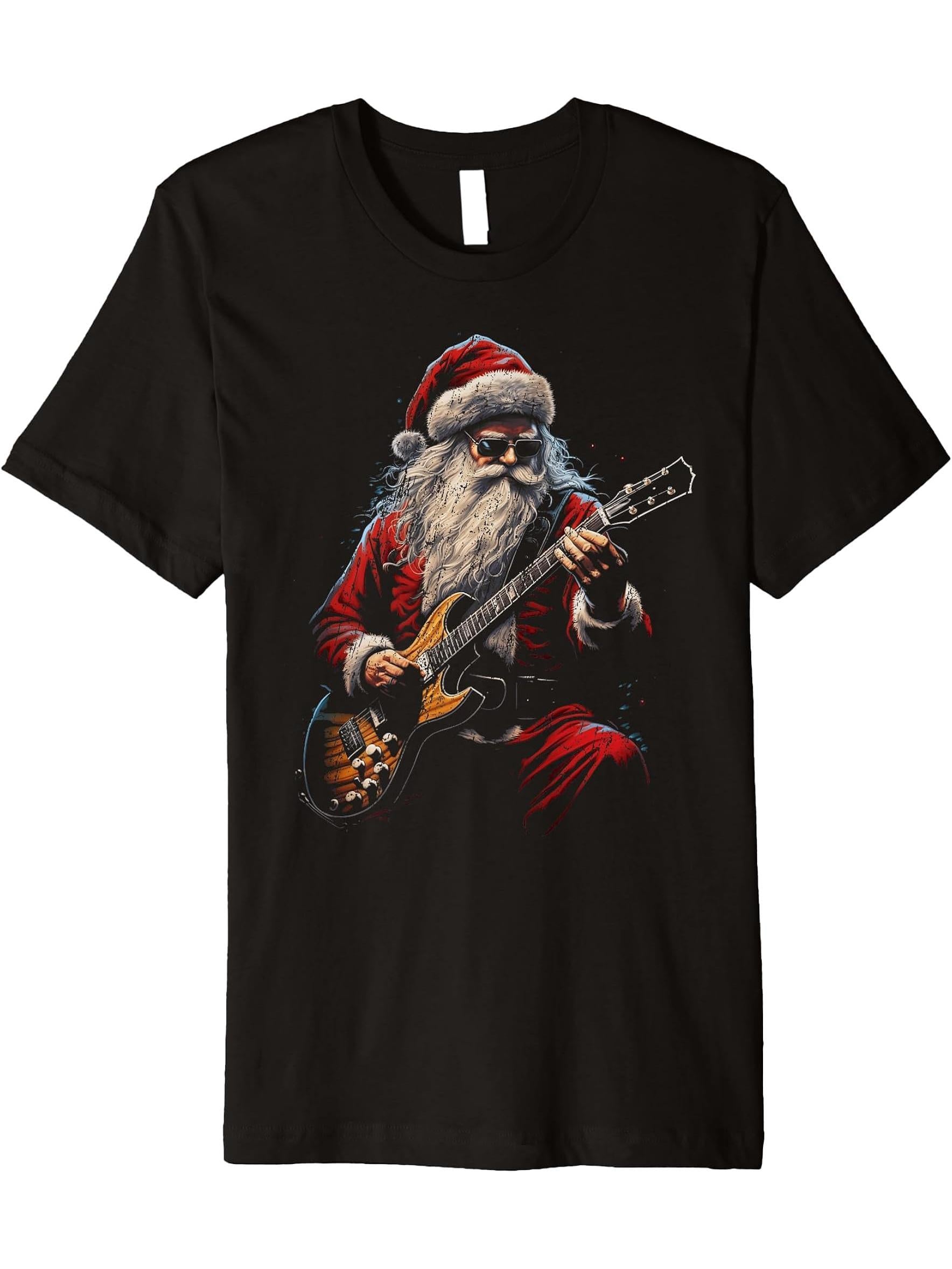 Rock Guitar Santa Claus Playing Guitar - Funny Christmas Premium T-Shirt 180G 100% Cotton Printed Round Neck Short-Sleeve T-Shirt, Gifts for Men Dad Husband Grandpa, S-XXXL, Black