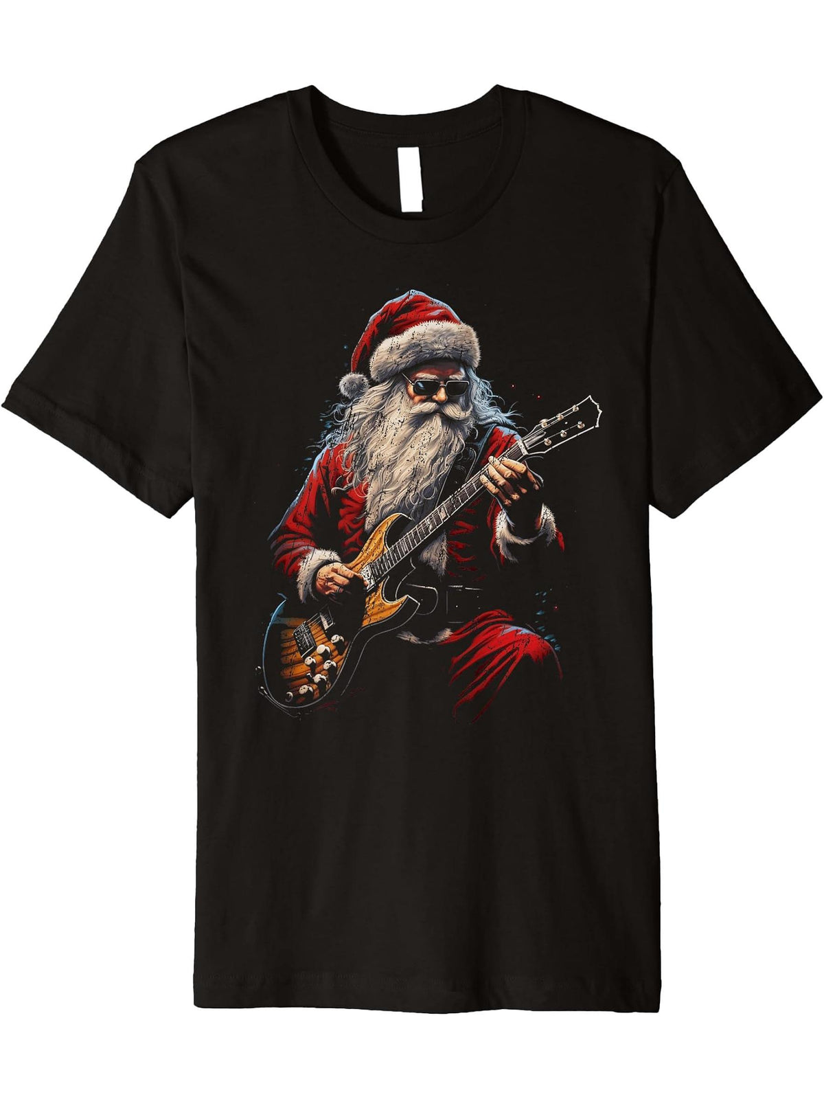 Rock Guitar Santa Claus Playing Guitar - Funny Christmas Premium T-Shirt 180G 100% Cotton Printed Round Neck Short-Sleeve T-Shirt, Gifts for Men Dad Husband Grandpa, S-XXXL, Black